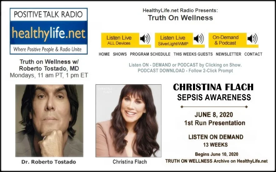Pretty Girl Makeup CEO Christina Flach with Dr Roberto Tostado on Truth on Wellness discussing sepsis awareness on HealthyLife.net