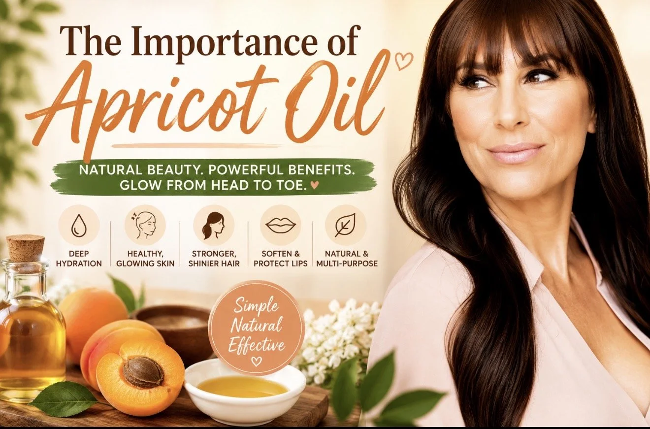 Christina Flach highlighting the importance of apricot oil with fresh apricots and natural skincare oil, showcasing the beauty benefits of apricot oil for glowing skin, healthy hair, and soft lips.