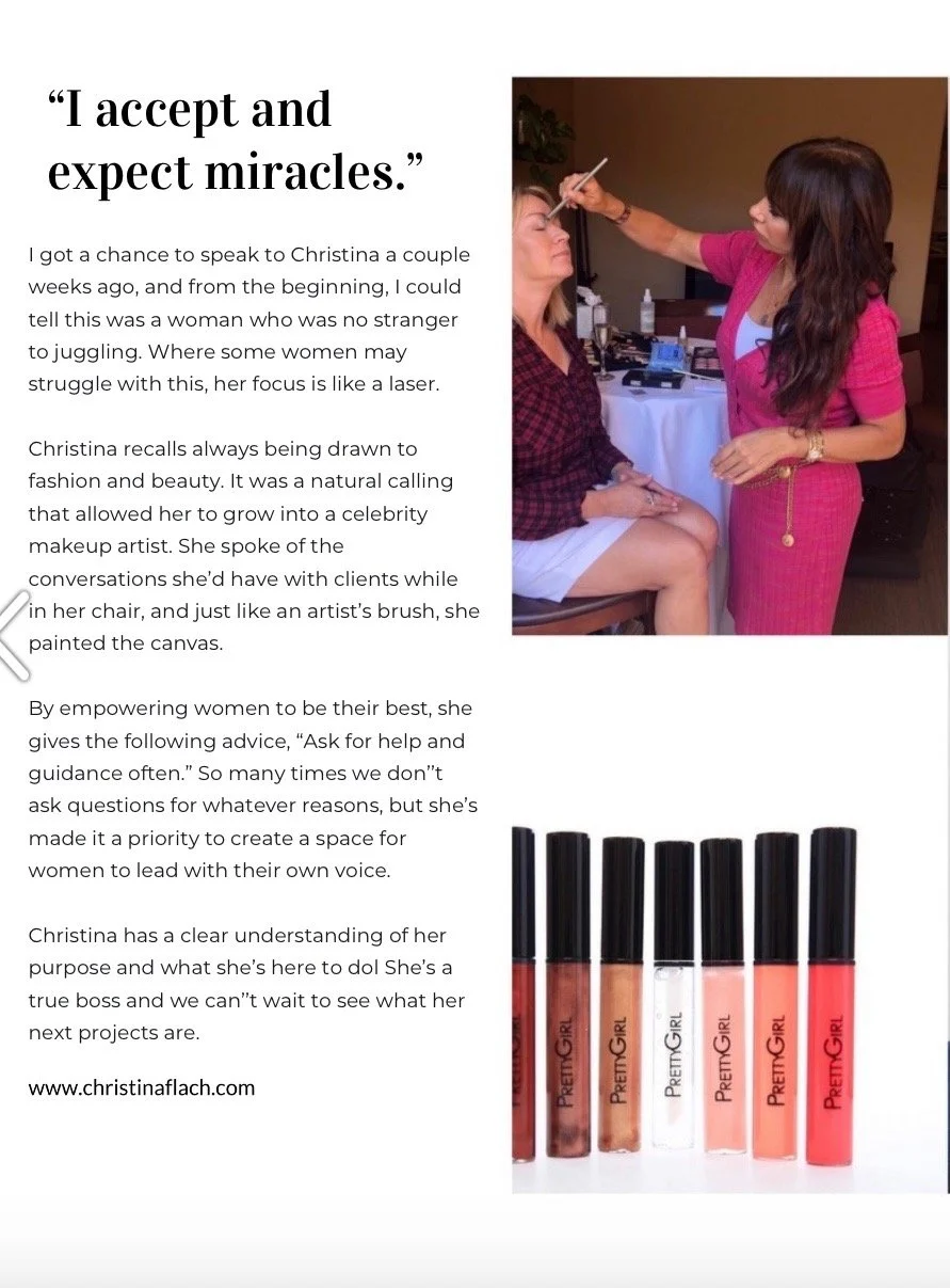 Christina Flach celebrity makeup artist featured in magazine discussing fashion beauty career and success