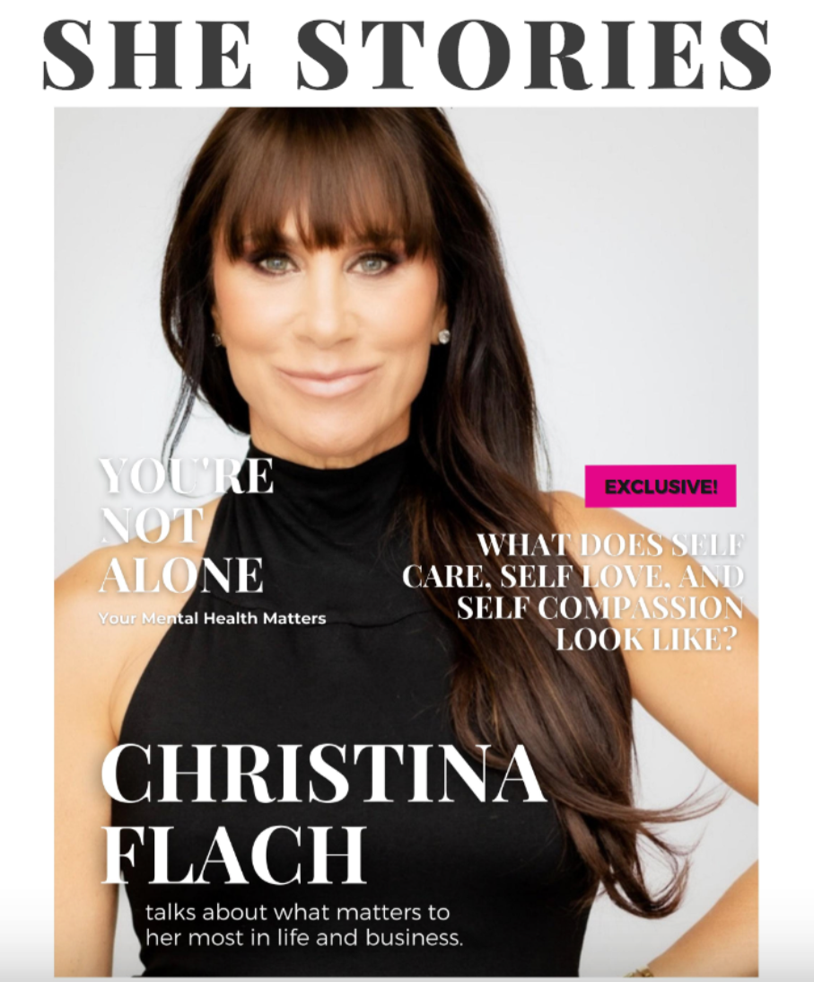 Christina Flach featured in She Stories magazine discussing self care, mental wellness, confidence, and beauty entrepreneurship