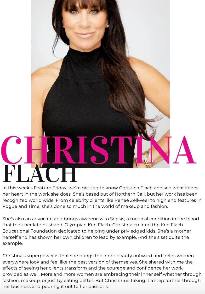 Christina Flach celebrity makeup artist featured in magazine discussing beauty career and empowerment