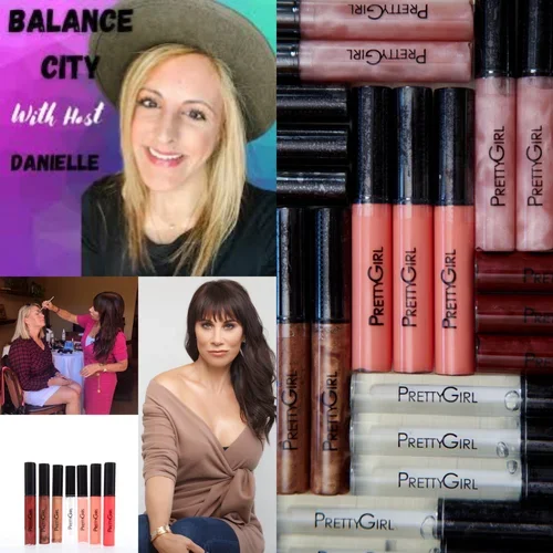 Pretty Girl Makeup CEO Christina Flach featured on Amplify You Podcast collage showing Christina headshot Pretty Girl Makeup lip gloss host Danielle Paci and Christina doing celebrity makeup