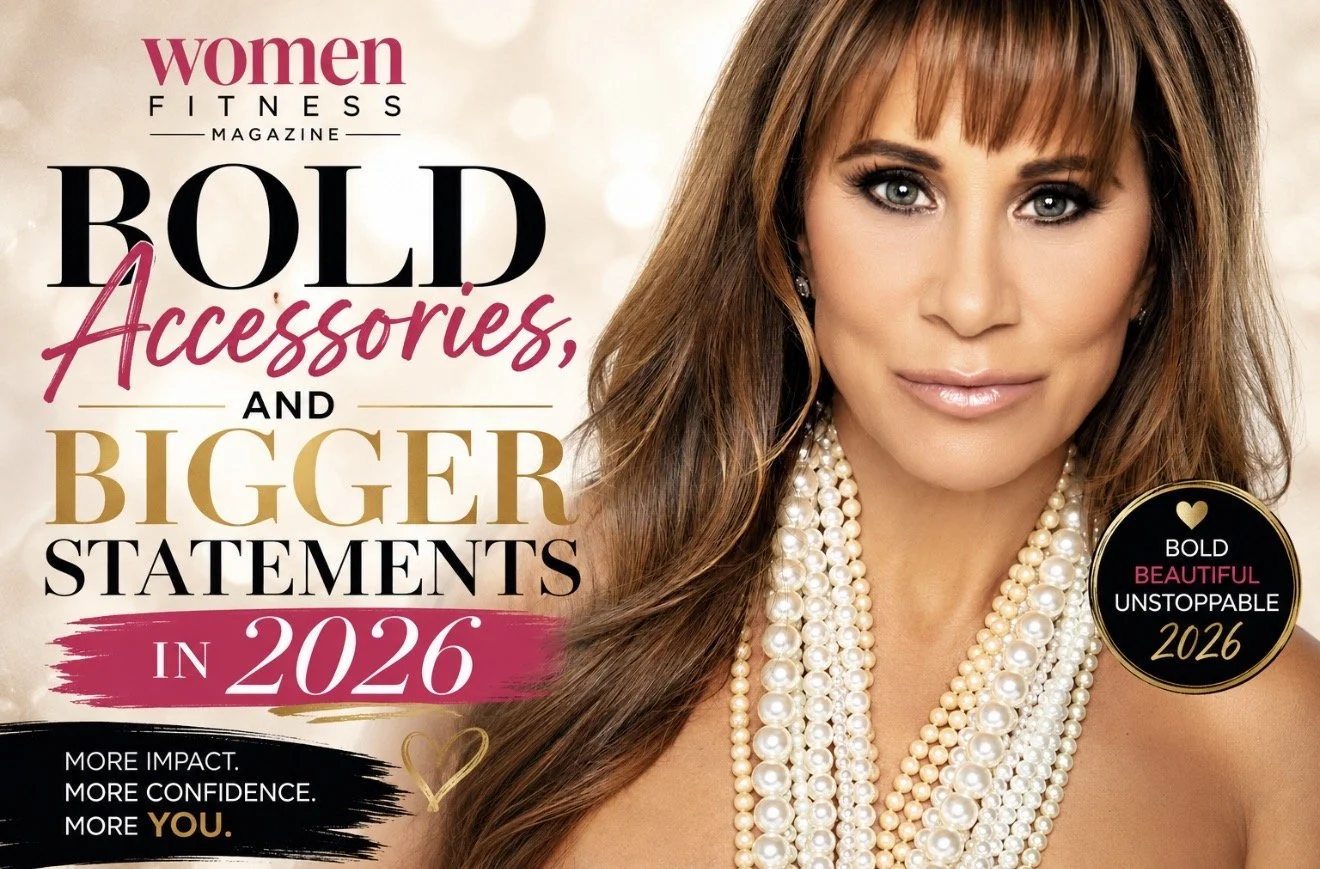 Christina Flach wearing layered pearl necklaces featured in a Women Fitness Magazine article about bold accessories and statement fashion trends for 2026.