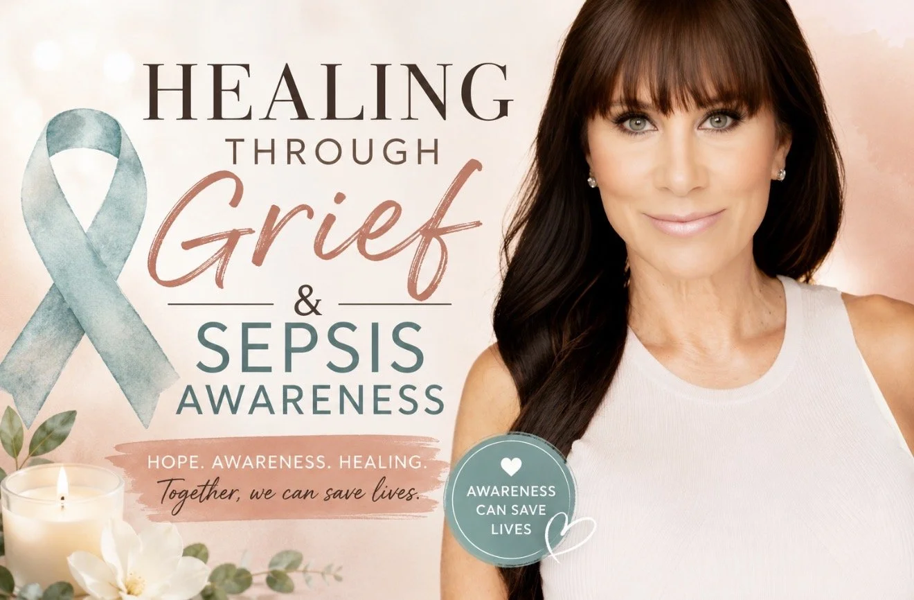 Healing Through Grief and Sepsis Awareness featuring Christina Flach with a teal awareness ribbon promoting hope, healing, and education.