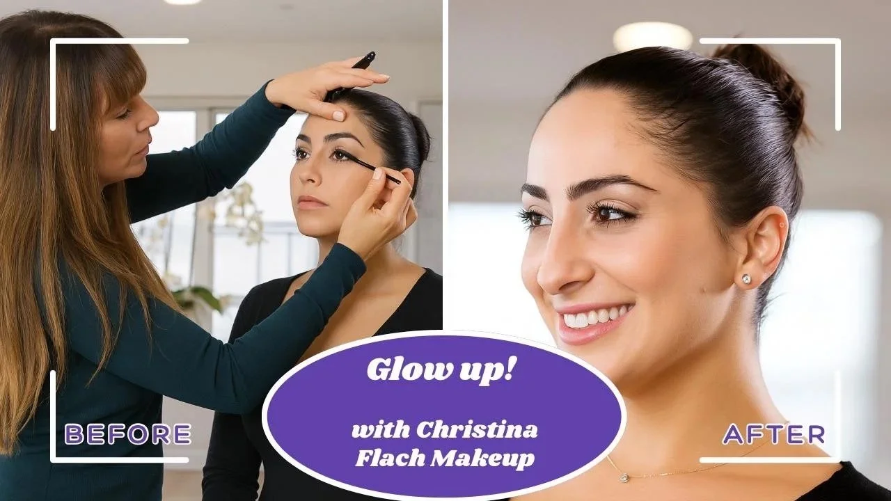 Celebrity makeup artist Christina Flach performing a stunning before and after makeup glow up transformation on a client for Pretty Girl Makeup