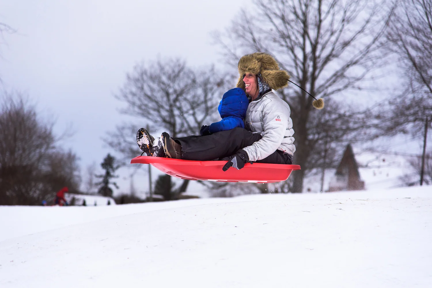 Intrepid sledding duo Rebecca Flaherty, 37, and Dylan Moulton, 3, of Scarborough.