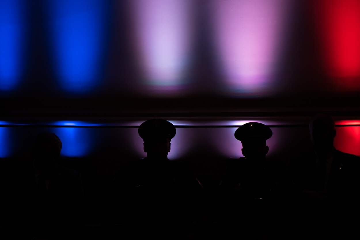Portland police officers stand guard during a Donald Trump rally at Merrill Auditorium on August 4, 2016.