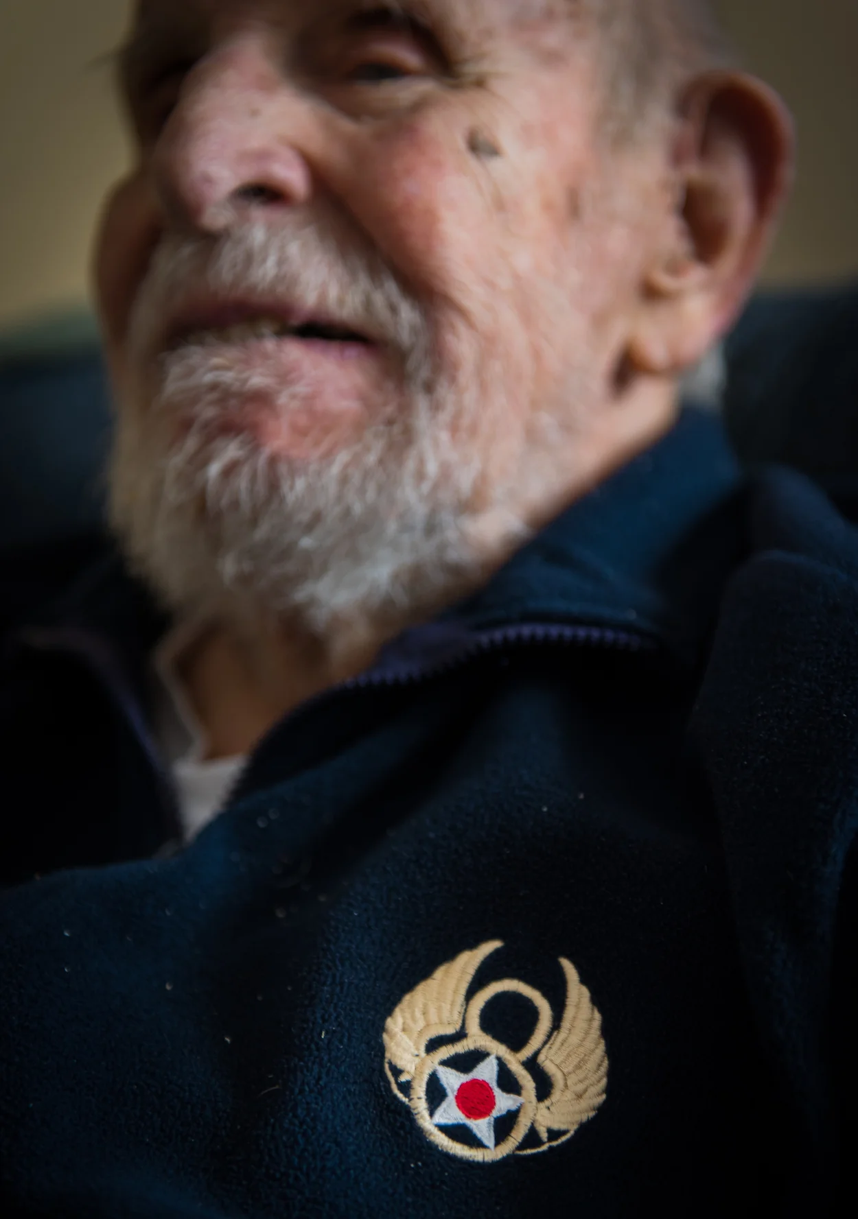Glover's fleece displays the emblem of the Eighth Air Force, purchased on a visit to the National Museum of the Mighty Eighth Air Force in Georgia.
