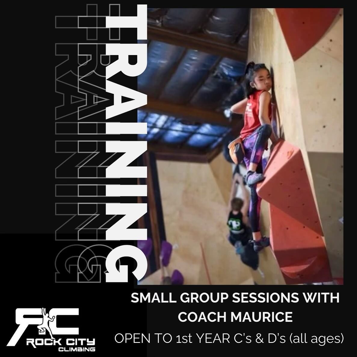 Starting Tuesday April 9! Small Group Training Sessions for 1st Year C&rsquo;s and D&rsquo;s of all ages, 6 climbers maximum per-session. Sessions will run 90 minutes and include guided warm-up time. Sign-up link coming soon!