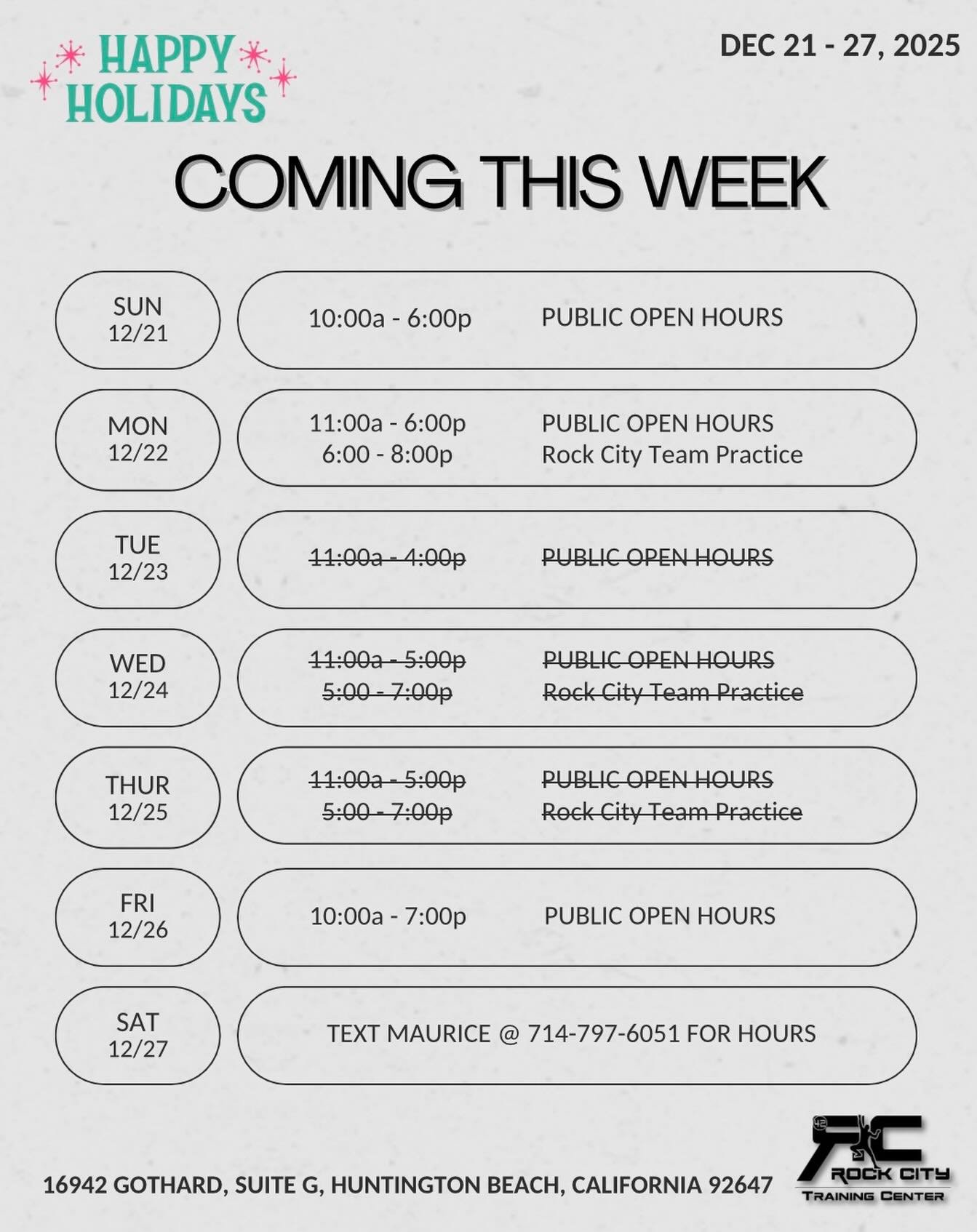 This week&rsquo;s schedule - Happy holidays!