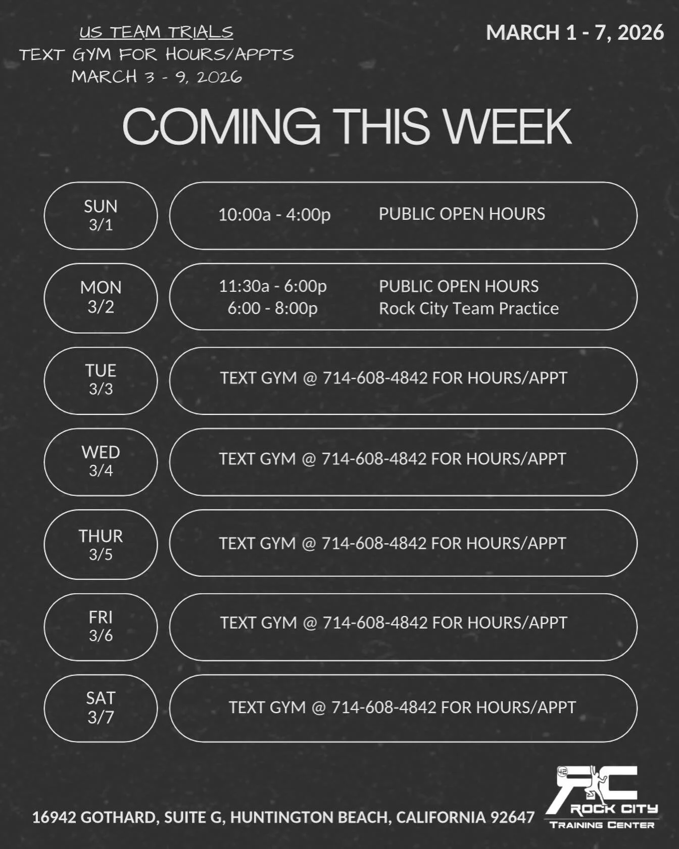 This weeks schedule! Maurice is traveling for Team Trials so text the number above if you&rsquo;d like to come climb!
