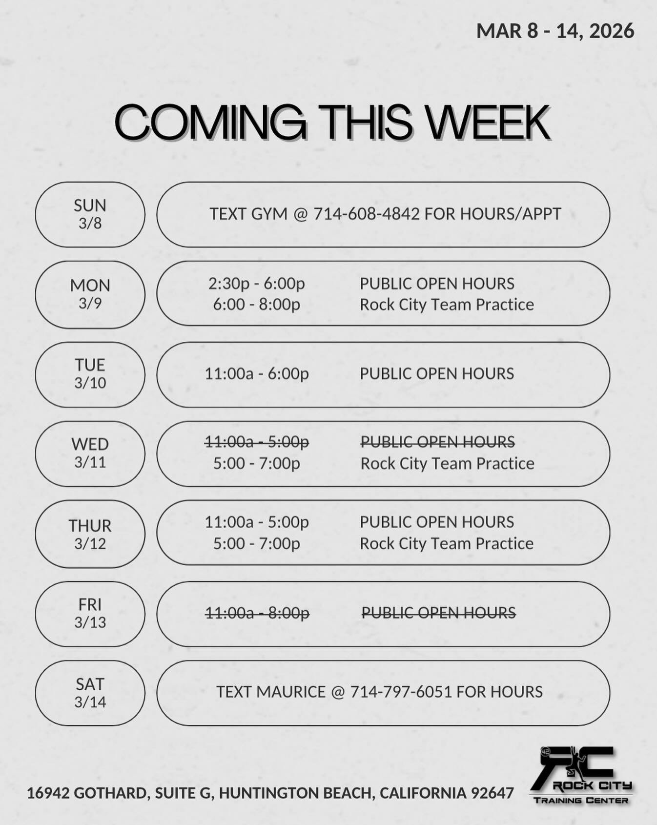 This week&rsquo;s hours - limited due to US Team Trials and Youth Regionals.