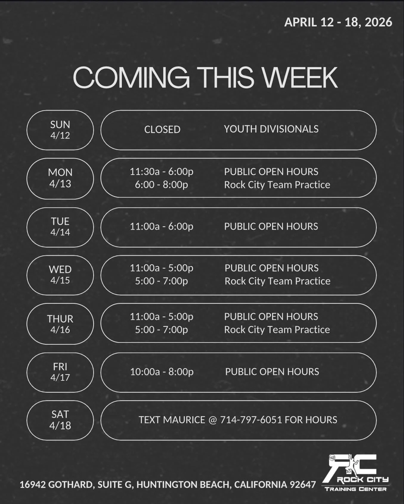 This week&rsquo;s schedule - closed Sunday for youth divisional championship.