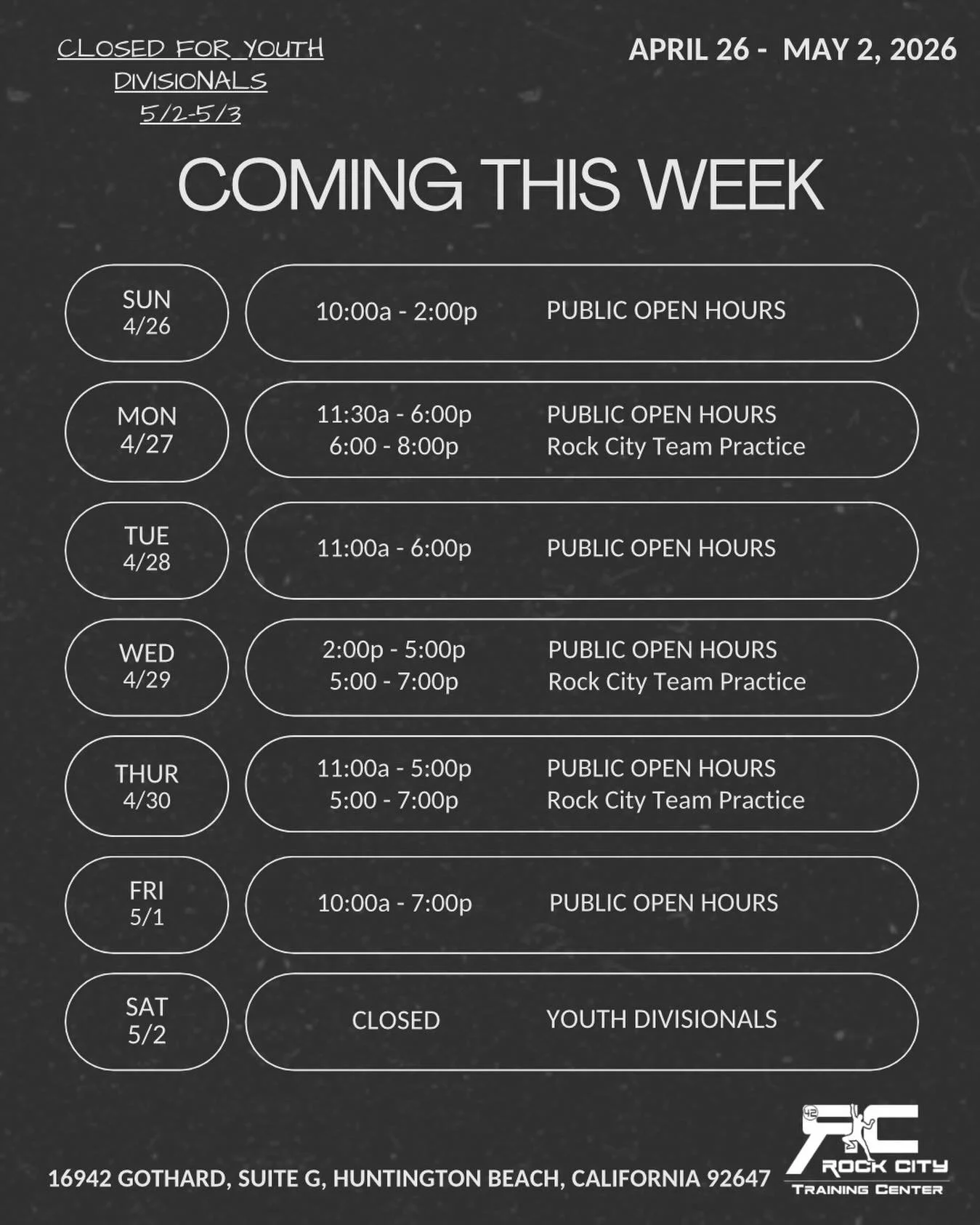 This week&rsquo;s hours - Closed 5/2-5/3 for Youth Divisionals