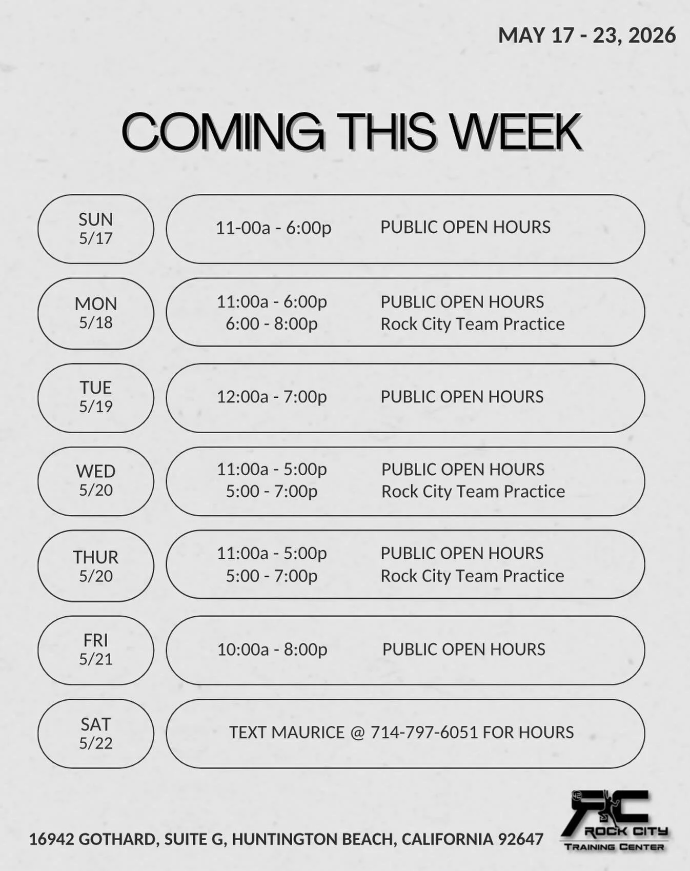 This weeks hours