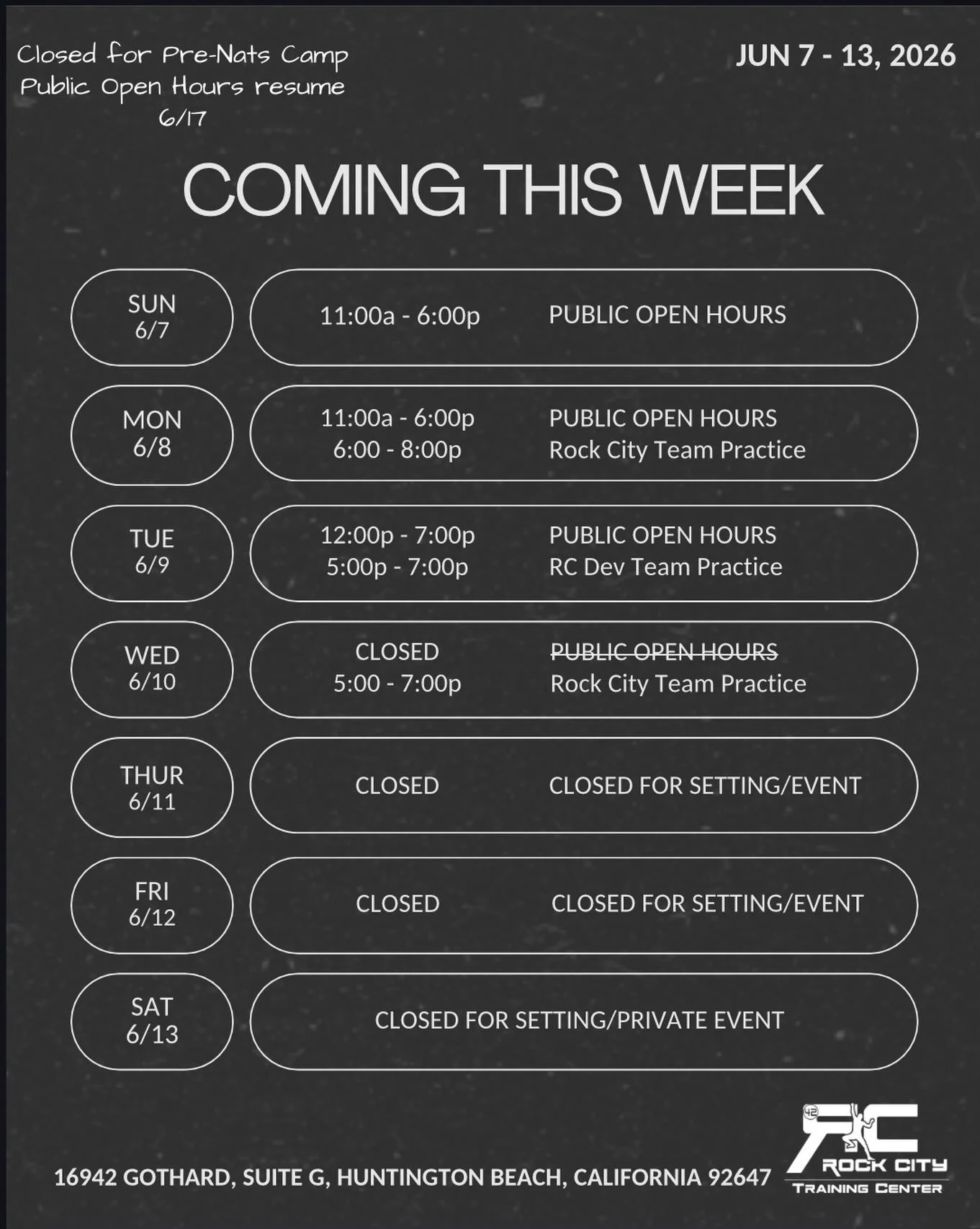 This week&rsquo;a schedule - Training Center access will be limited due to setting/private event. Public open hours will resume Wednesday, 6/17.