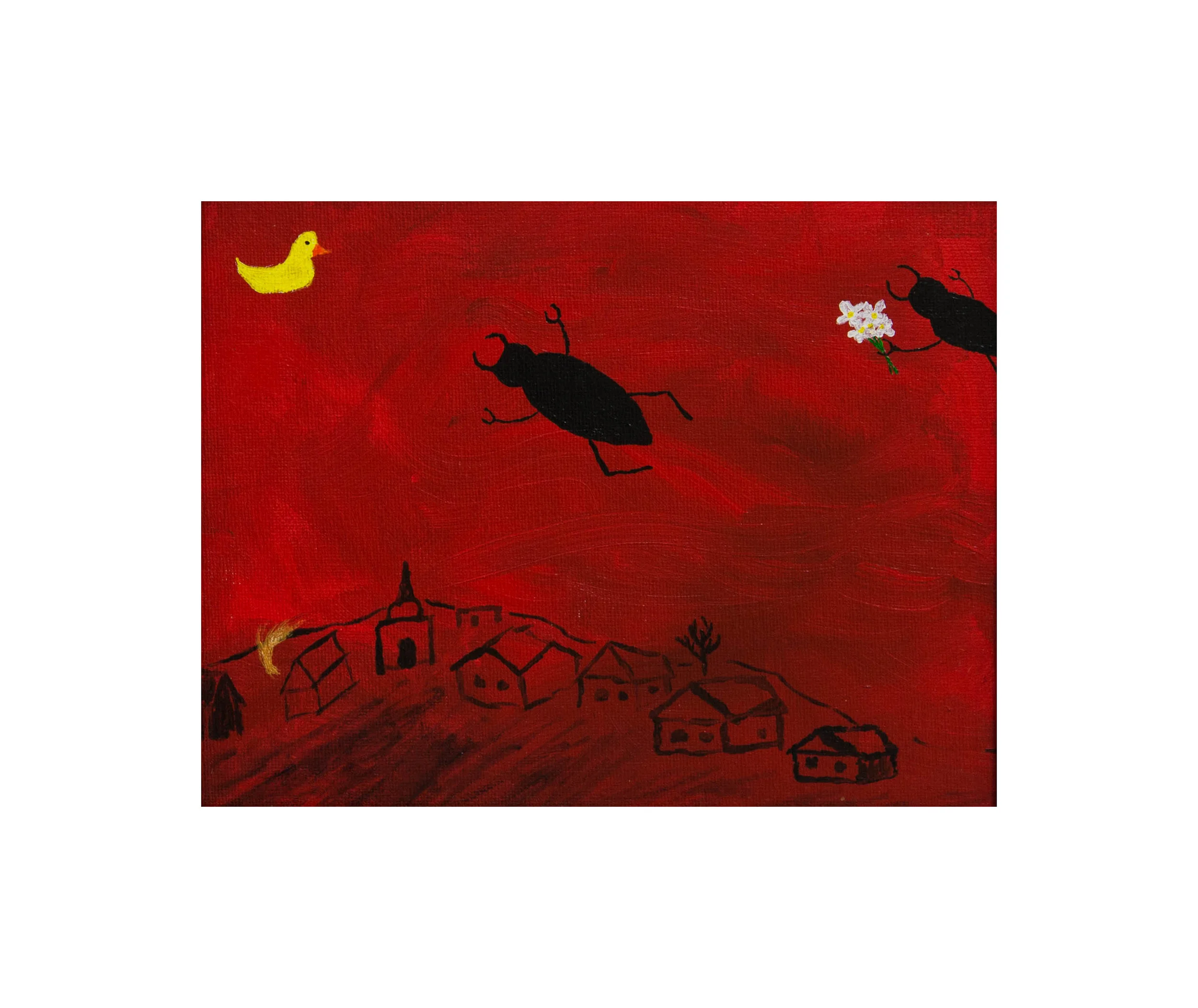 Black Bugs in Red Sky with Rubber Duck after Marc Chagall