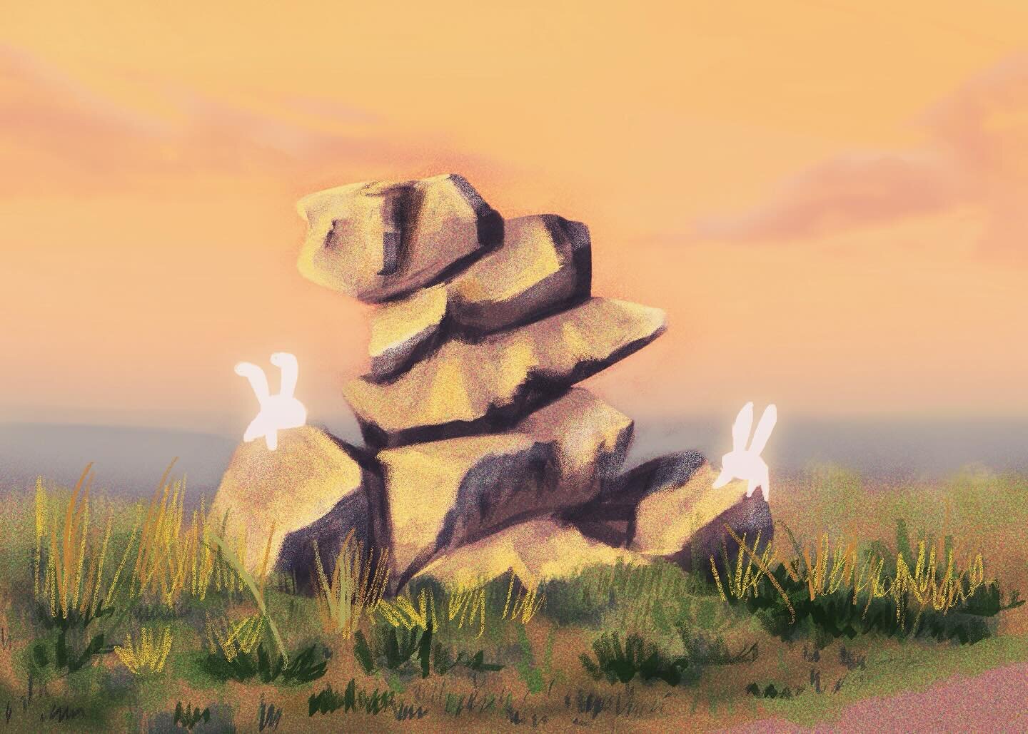 At sunset the little bunnies pay a visit to their favorite pile of rocks by the abandoned path. 🐰 #procreateartwork #ipadillustration