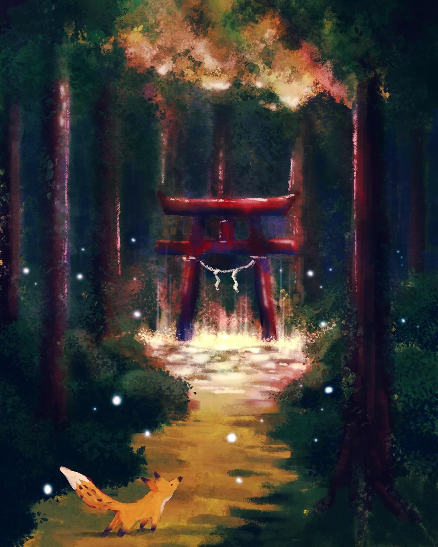 Kitsune-san&rsquo;s shrine visit. This was a really fun piece to slowly work on. My favourite part was making my little forest explorer a fox instead of my usual bear or glowing bunnies (sorry guys! 🐻 🐰). It just seemed to suit the scene nicely in 