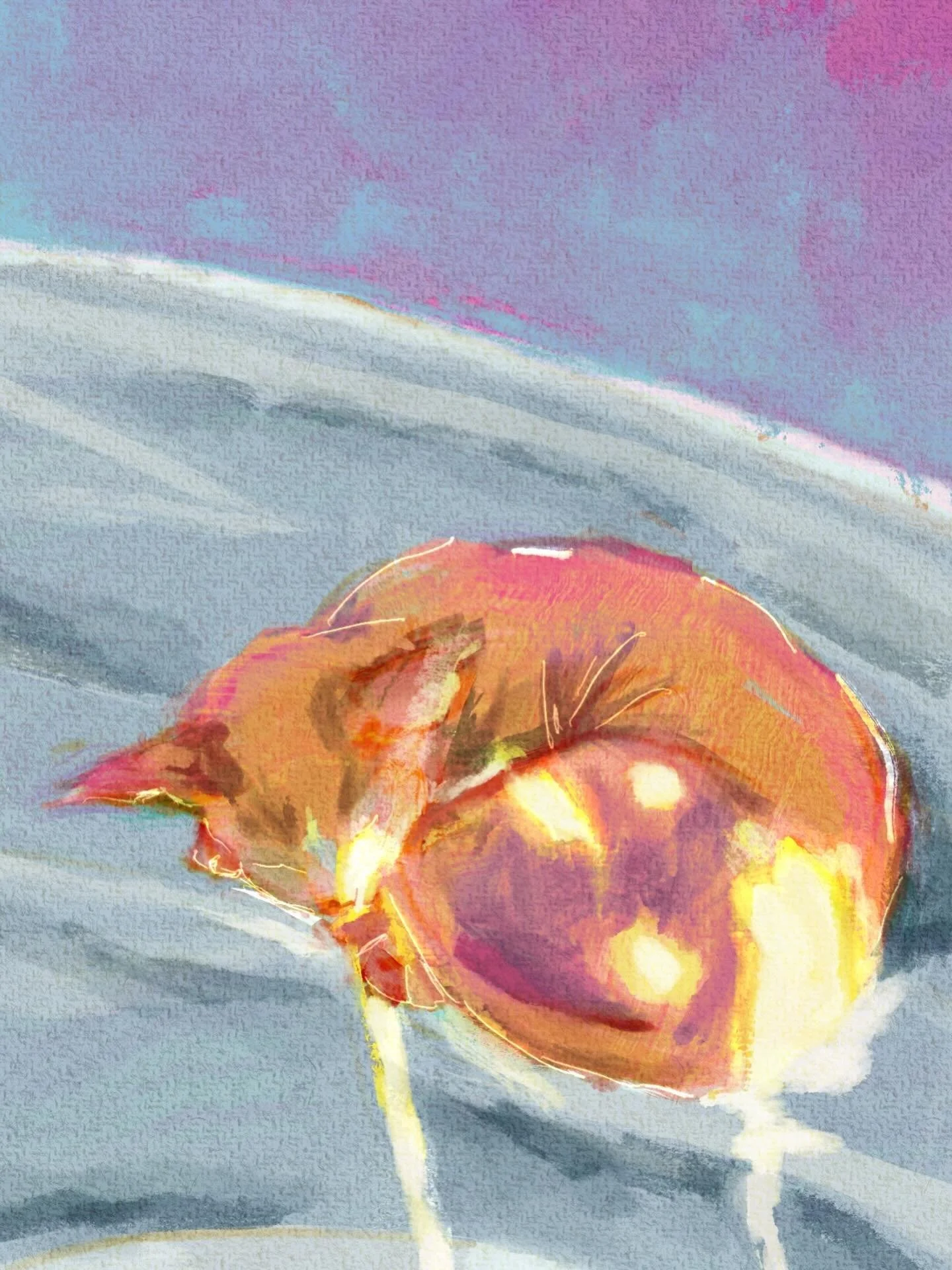 My first painting after a month (probably more) of art block / burnout. This is Ruttu in the sun on the bed. Still not feeling quite myself, but we&rsquo;ve just moved to a bigger space with so much more light and room that I&rsquo;m finally starting