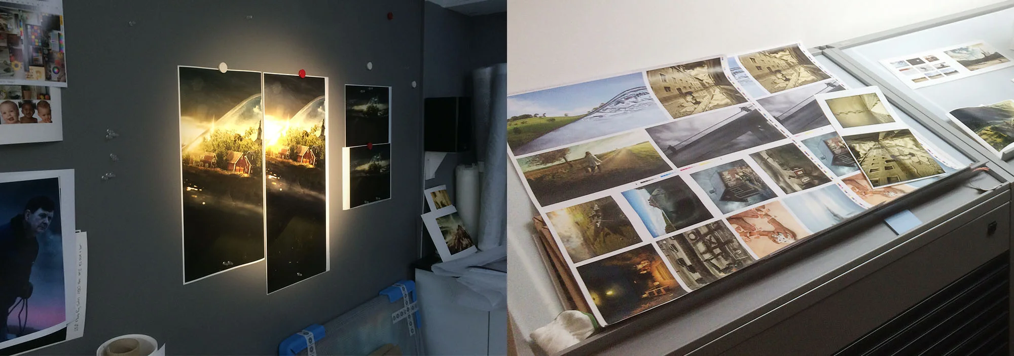 Left: Test prints for the exhibition. Right: Test prints for the upcoming book. 