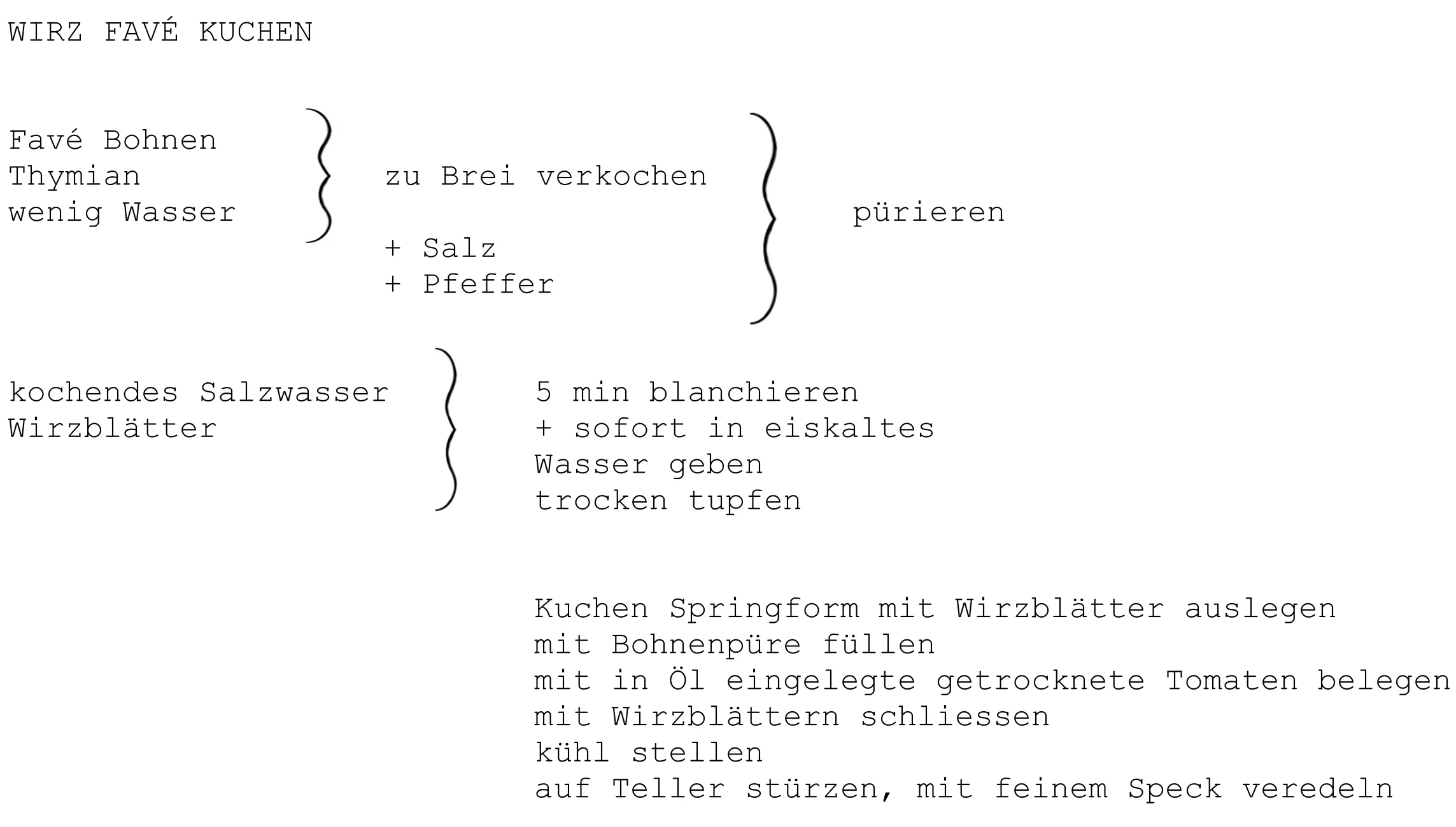 Fave Bohnen, Thymian, Wasser, Salz, Pfeffer, Wirz, Öl, getrocknete Tomaten, Speck