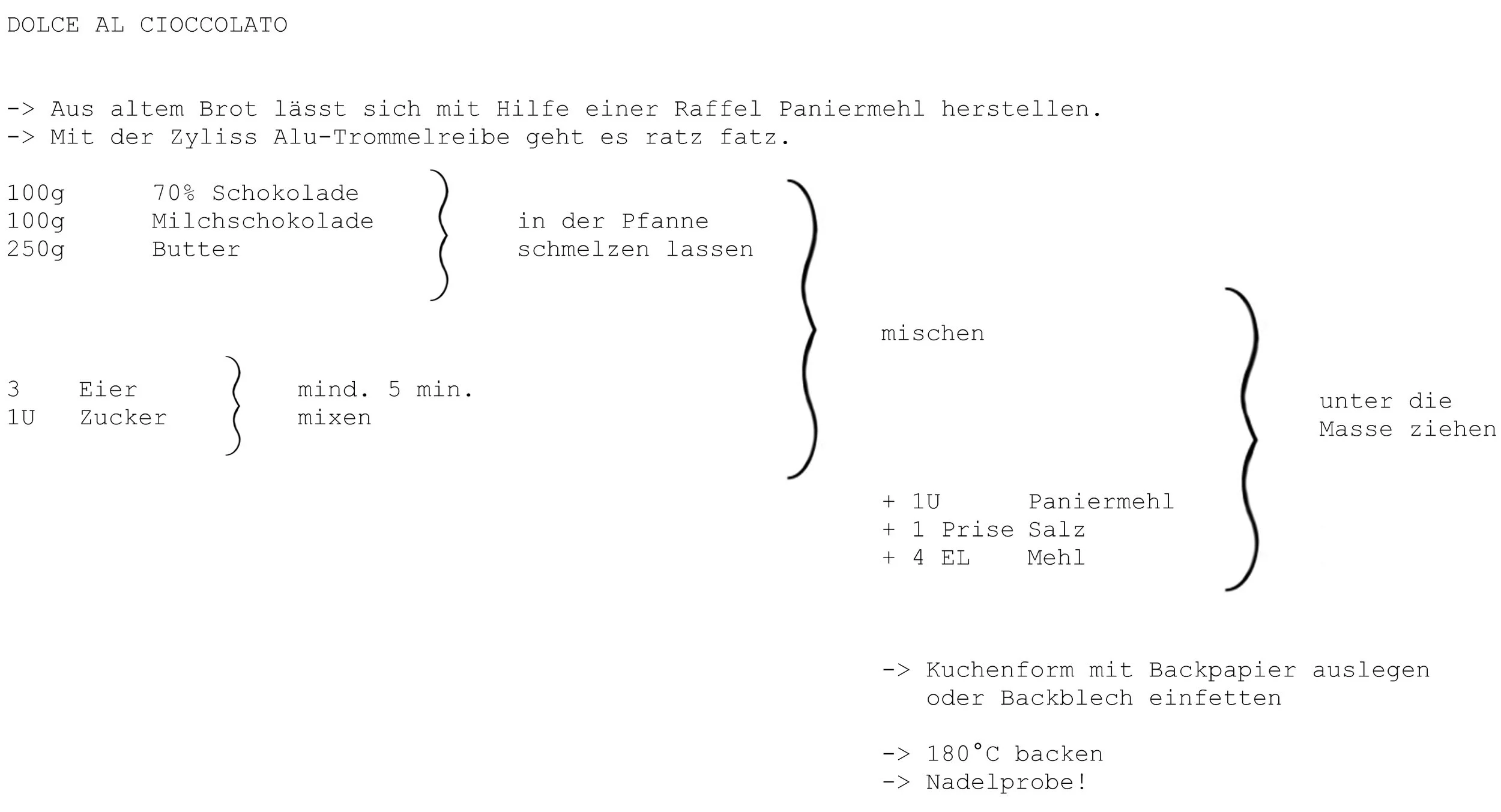 Paniermehl, 70% Schokolade, Milchschokolade, Butter, Eier, Zucker, Salz, Mehl