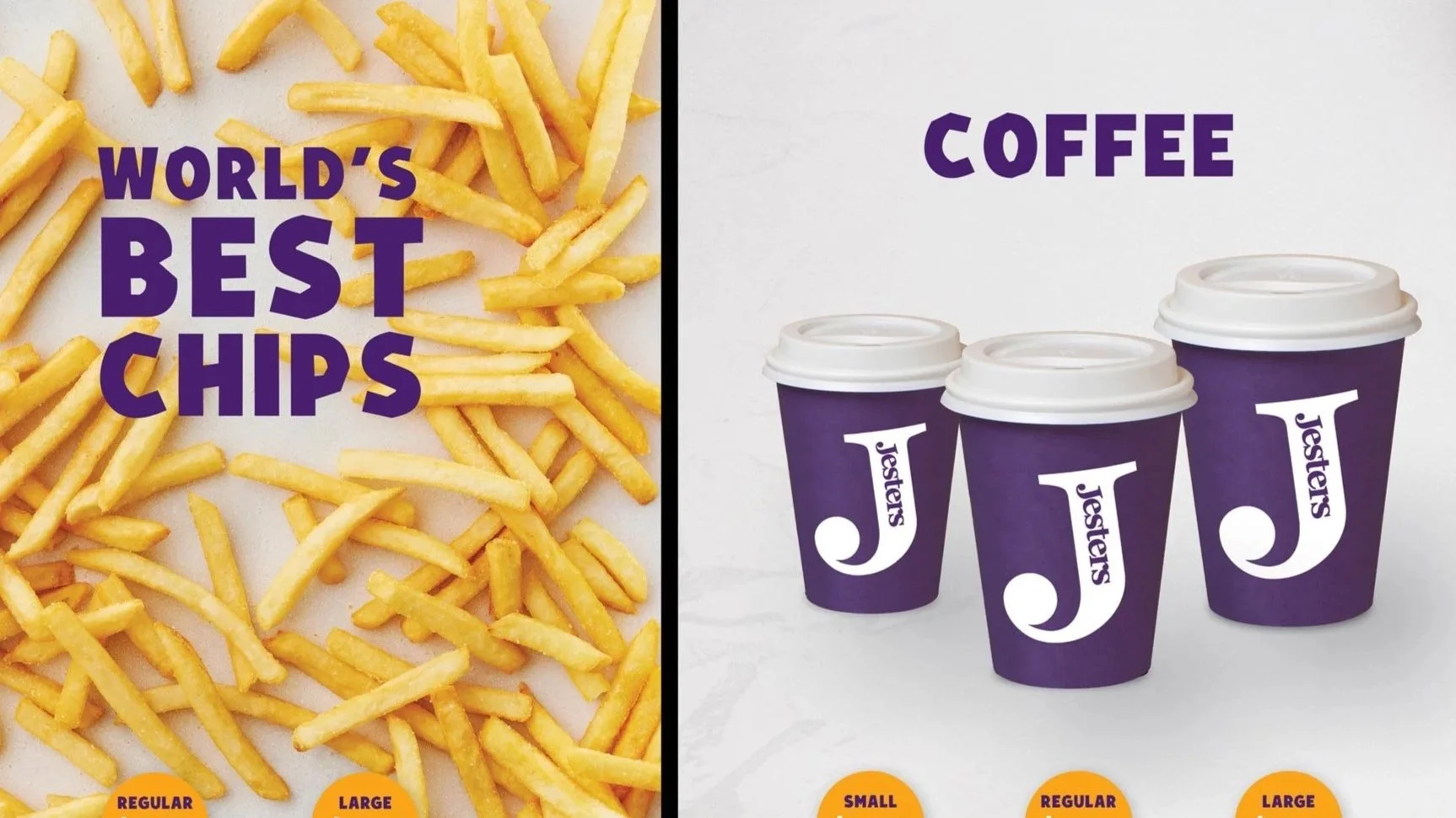 Image of crispy French fries on the left side with text 'World's Best Chips' overlaying the fries. On the right side, three purple cups with white lids and the word 'Jester's' printed vertically, labeled as coffee.