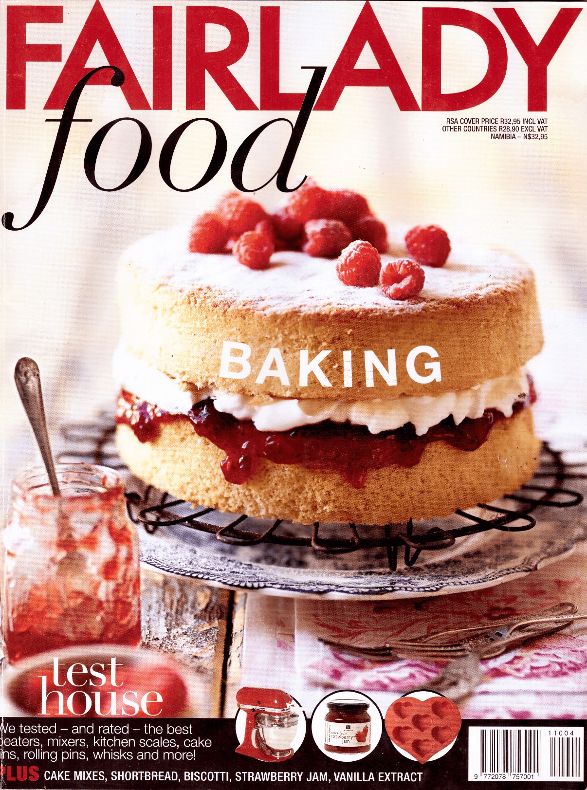 A magazine cover featuring a close-up of a layered sponge cake with raspberries, filled with white cream and berry jam, topped with additional raspberries, and placed on a decorative cake stand. The cover reads 'FarLady Food Baking' and mentions topi