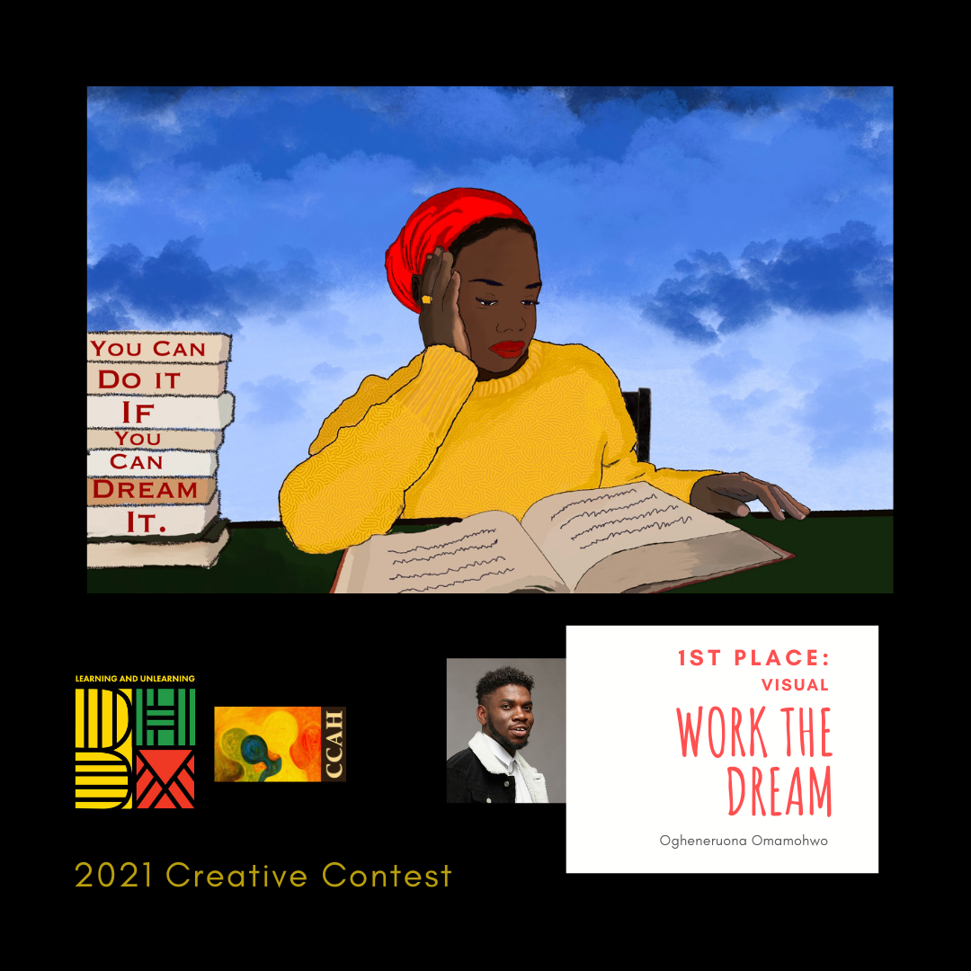 1st place: Visual Winner, Work the Dream   A dark skinned Black person with a red headscarf and yellow sweater sitting at a black desk reading a book. Next to the person is a stack of books that say: You Can Do It, If you can Dream It. in the backgr