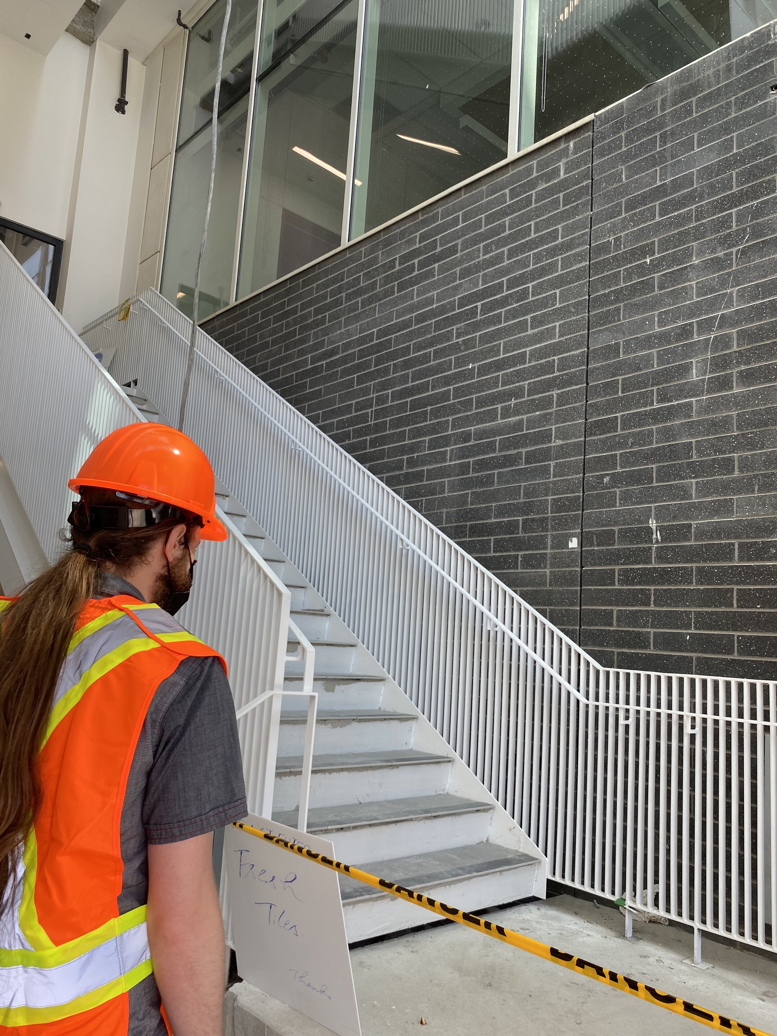  SSU President, enters stairwell entrance of Sheridan’s new Student Centre and Athletic Building (HMC2A), in Mississauga.  