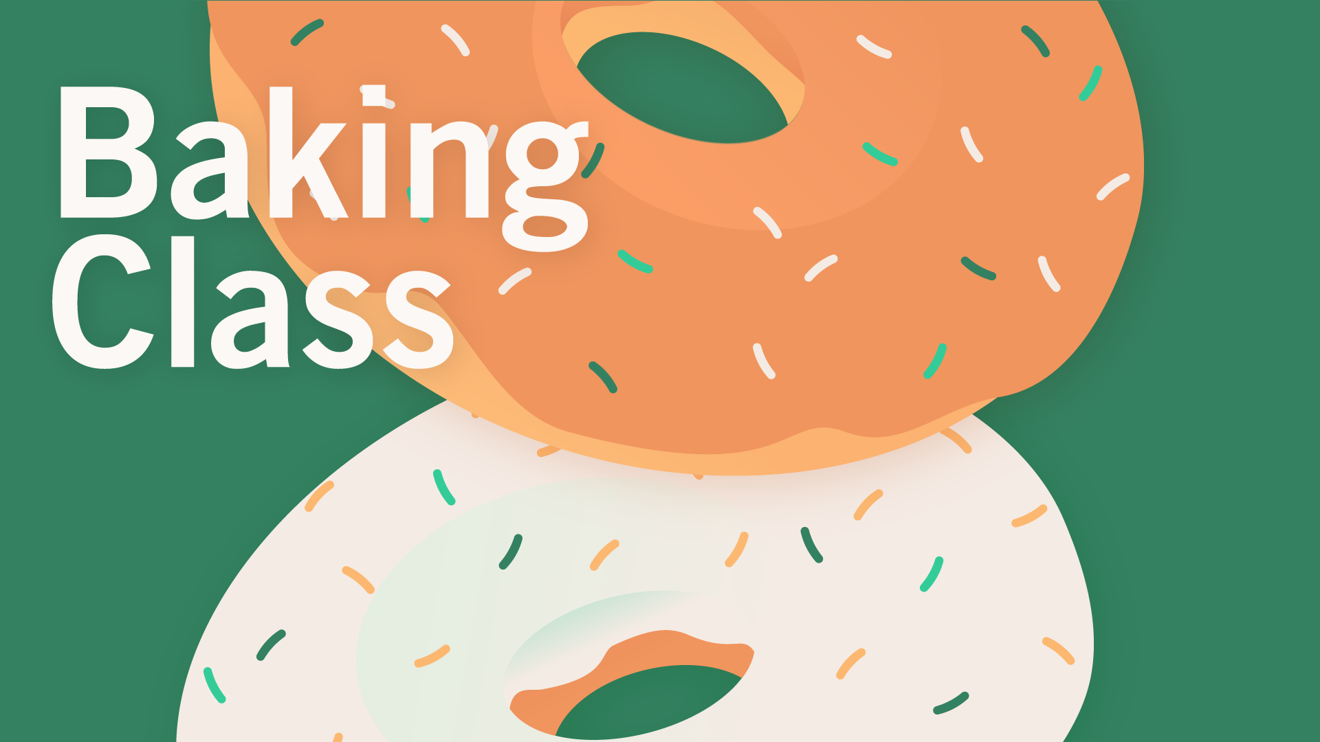  Baking Class. Two sprinkled Saint Paddy’s Day doughnuts on a green background   