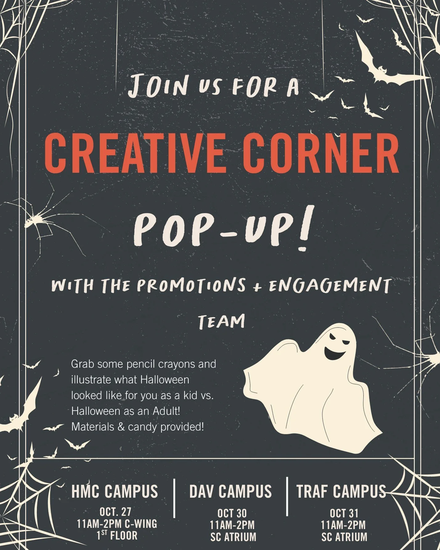 It's Hallow-eek 🎃👻 Here's what we got lined up for you ⬇️

🎨 Creative Corner pop-up @ all 3 campuses! 
🎪 Halloween Party @ the Trafalgar campus ft. @monstersofschlock 
🎢 Halloween Haunt @ Canada's Wonderland 
💋 Sexy BINGO with Alisha Fischer @ 