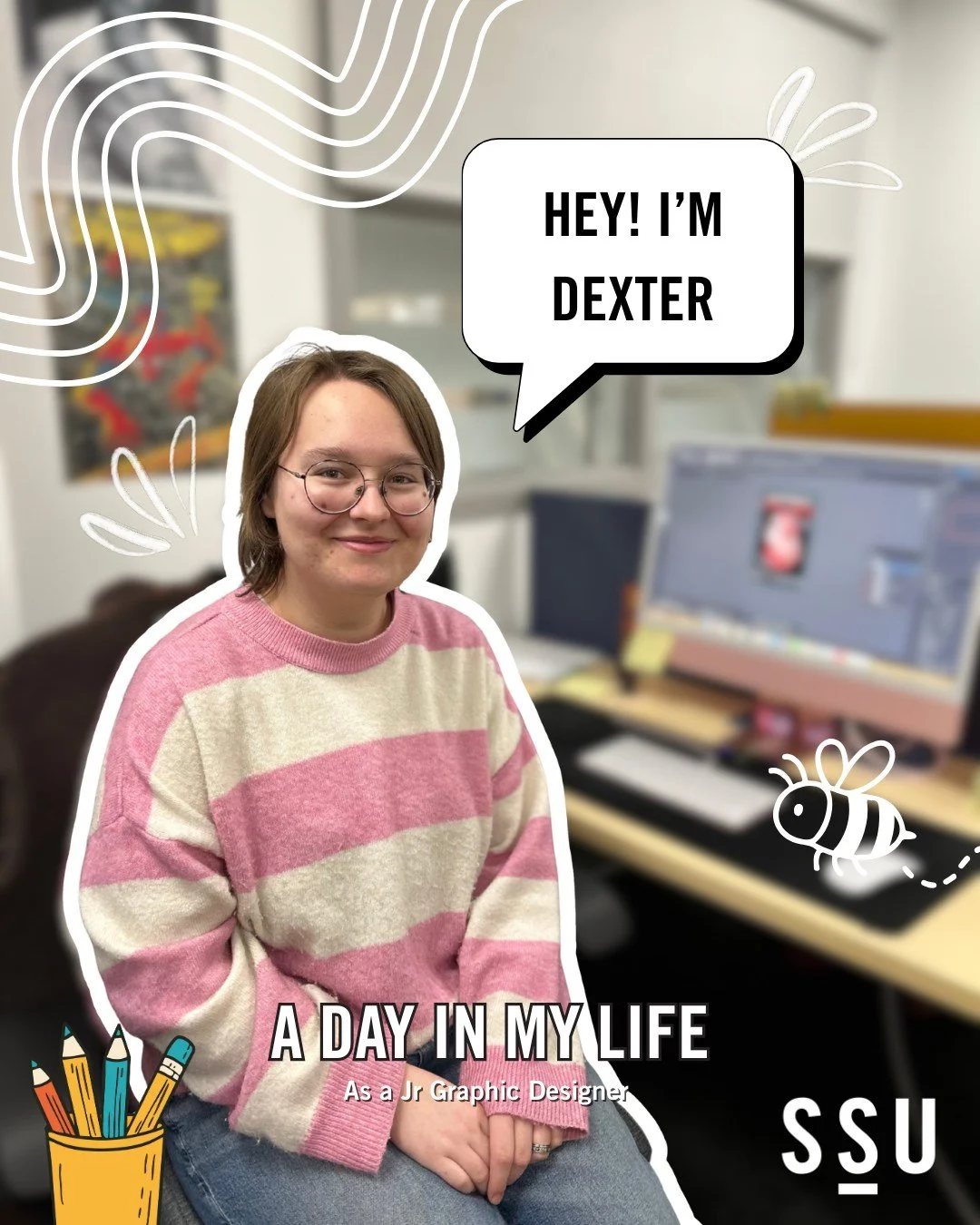 Have you wondered who is behind all of the cool posters &amp; visuals at the SSU? 

Meet Dexter, one of our Jr Graphic Designers at Trafalgar campus! ✨

Every day is packed with designing, collaboration, and coming up with awesome ideas for our event