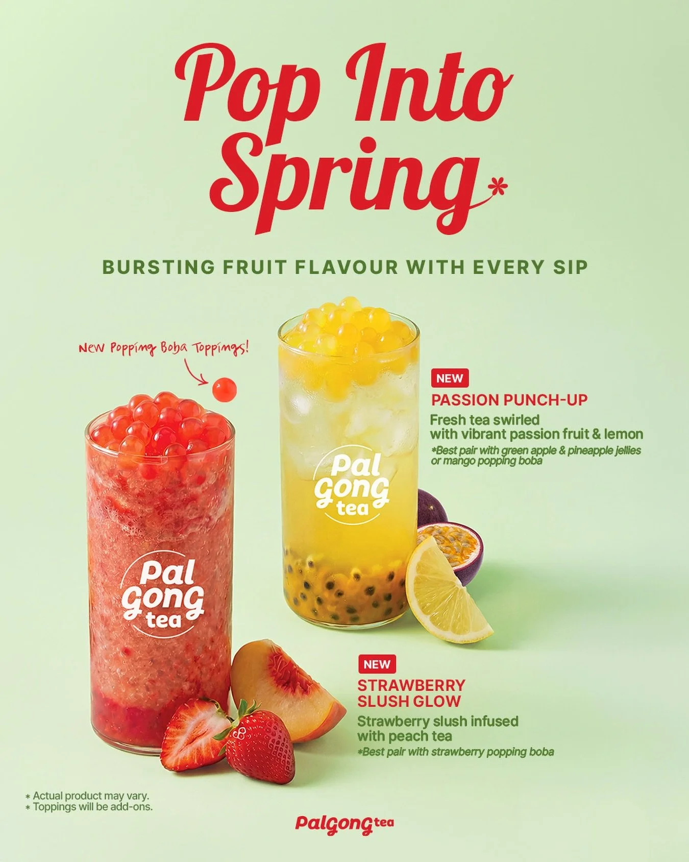 Starting this week, Palgong Tea at the HMC and Trafalgar Campus will be serving some refreshing Spring Specials💐

Keep hydrated with the delicious bliss of:
🍓Passion Punch-Up &amp; Strawberry Slush Glow
🥭New Popping Boba Toppings: Mango Popping Bo