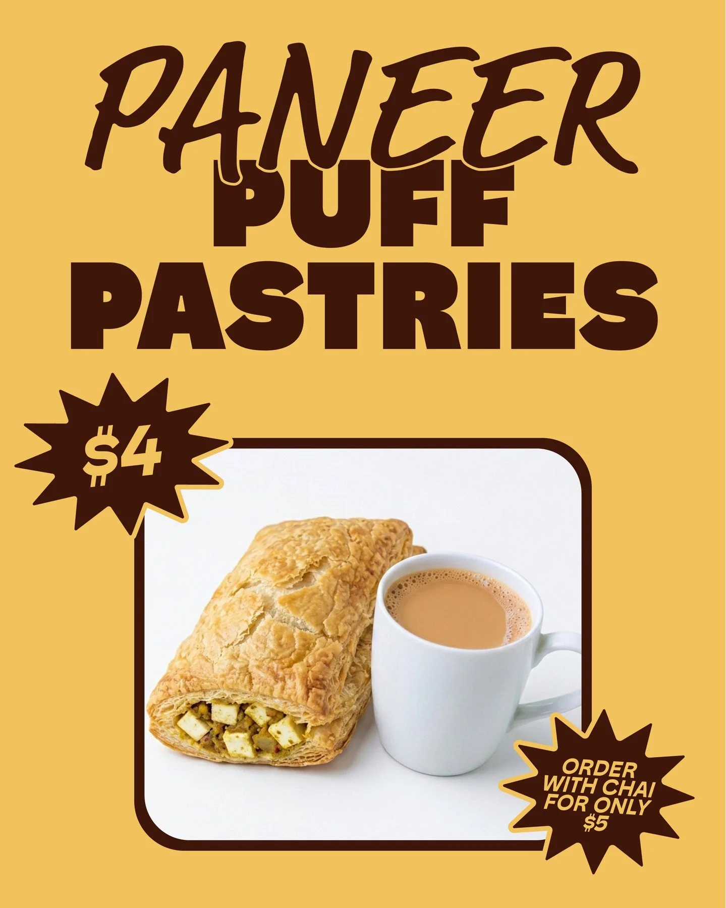 This month, come by the Station Kitchen to try out our exclusive new menu items: 

🧀Paneer Puff Pastry ($4)
🥔Savoury Potato Puff Pastry ($3)
Try them alone or in a combo with a chai for only $5! 

We're also offering you an ADDITIONAL deal:
2 samos