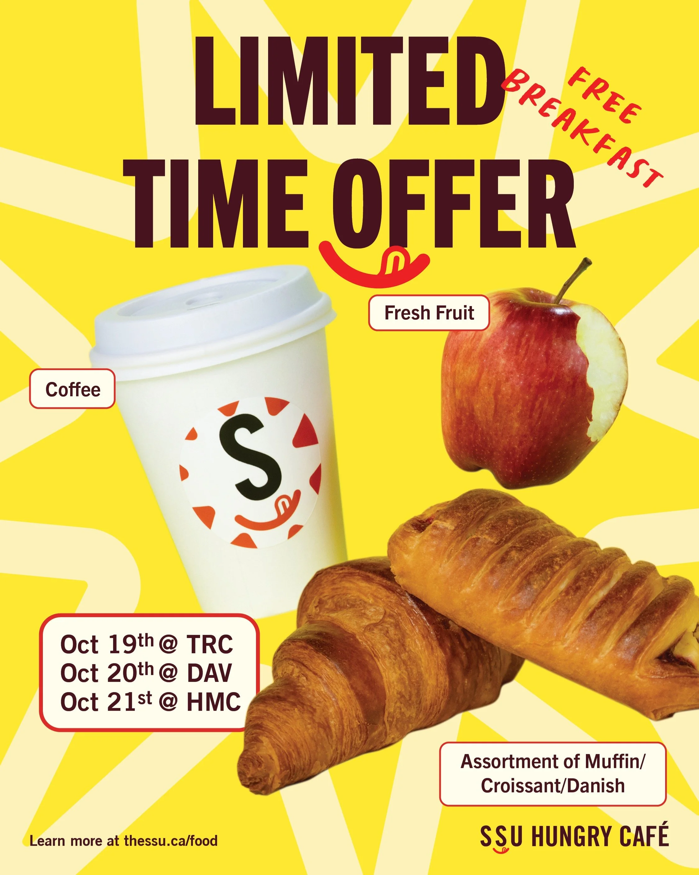 UPDATED DATES! 🔔
The SSU Hungry Caf&eacute; is handing out 🌟FREE🌟 breakfast items next week! Stop in from 9am-11am on the following days:

🍏October 19th: in The Marquee at Trafalgar campus
☕October 20th: in The Den at Davis campus 
🥐October 21st