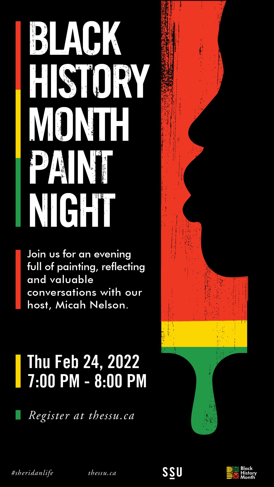 Black History Month Pain Night black background with red, yellow and green paint brush on the right side with a side profile face shadowed in black.