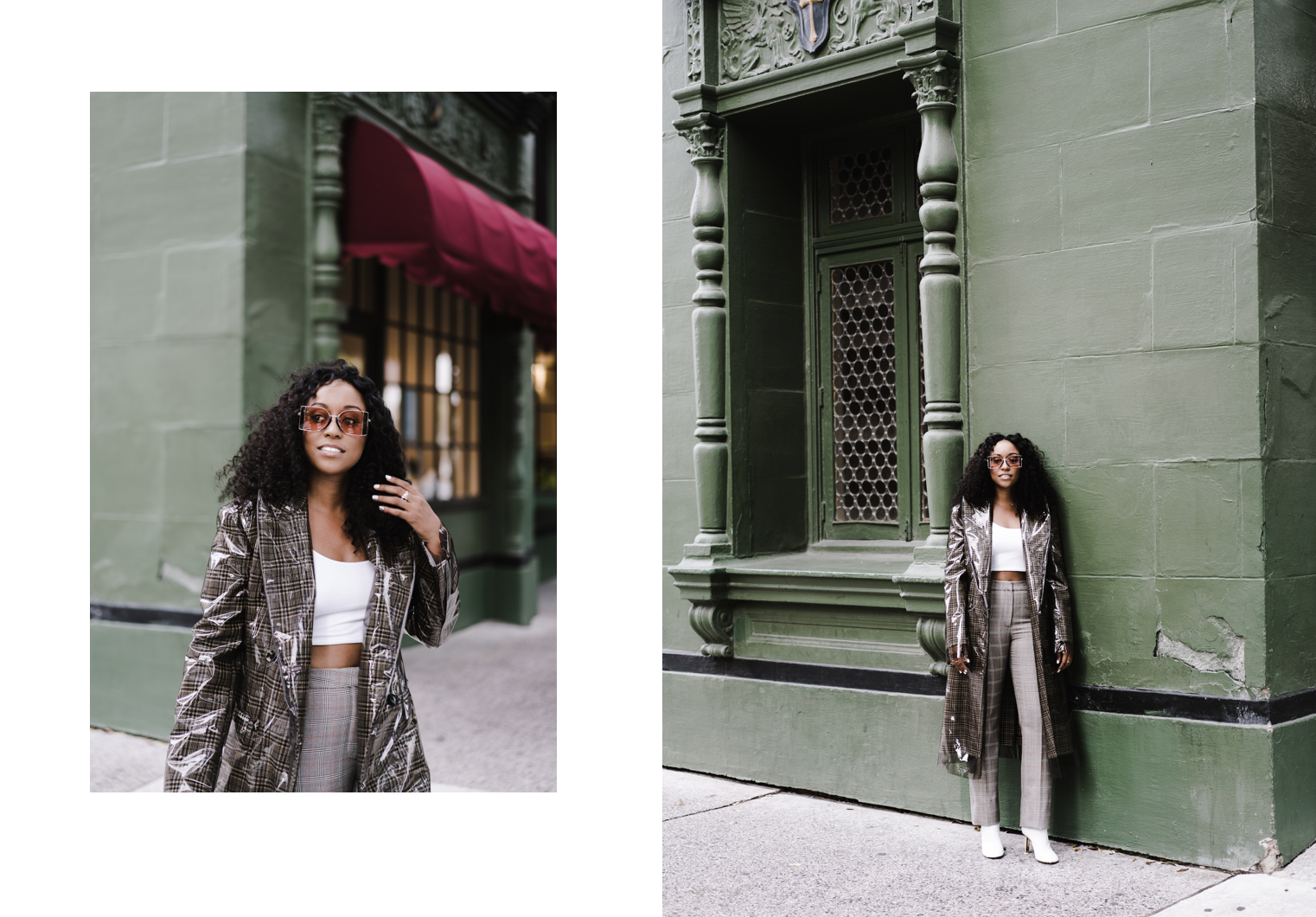 CALVIN KLEIN 205W39NYC coat (Shop it here ), SKIN cropped bra (Shop it here ), STELLA MCCARTNEY trousers (Shop it here ), CALVIN KLEIN 205W39NYC Bi-colour sunglasses (Shop it here ), VETEMENTS ankle boots (Shop it here )