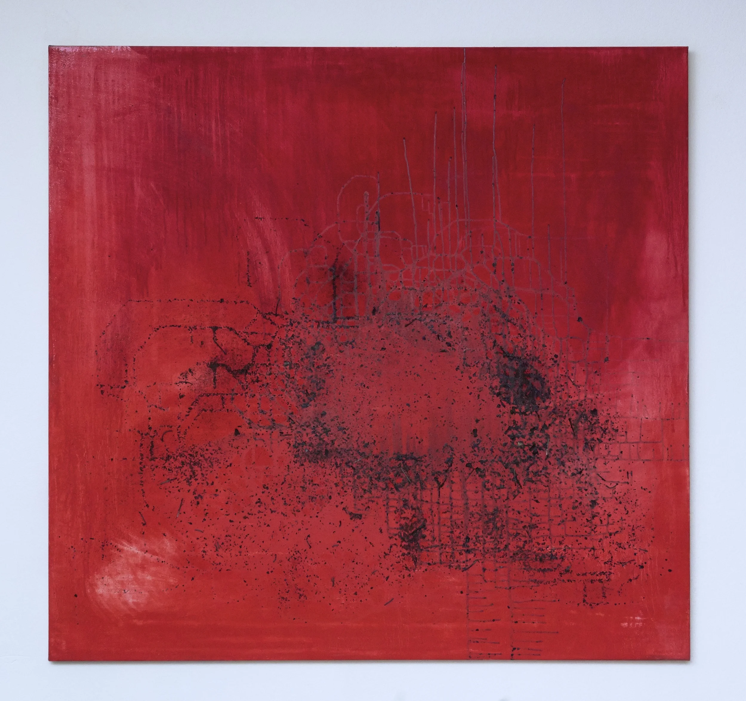 Untitled , oil, ash from burned letters, and mixed media on canvas, 56 x 58 