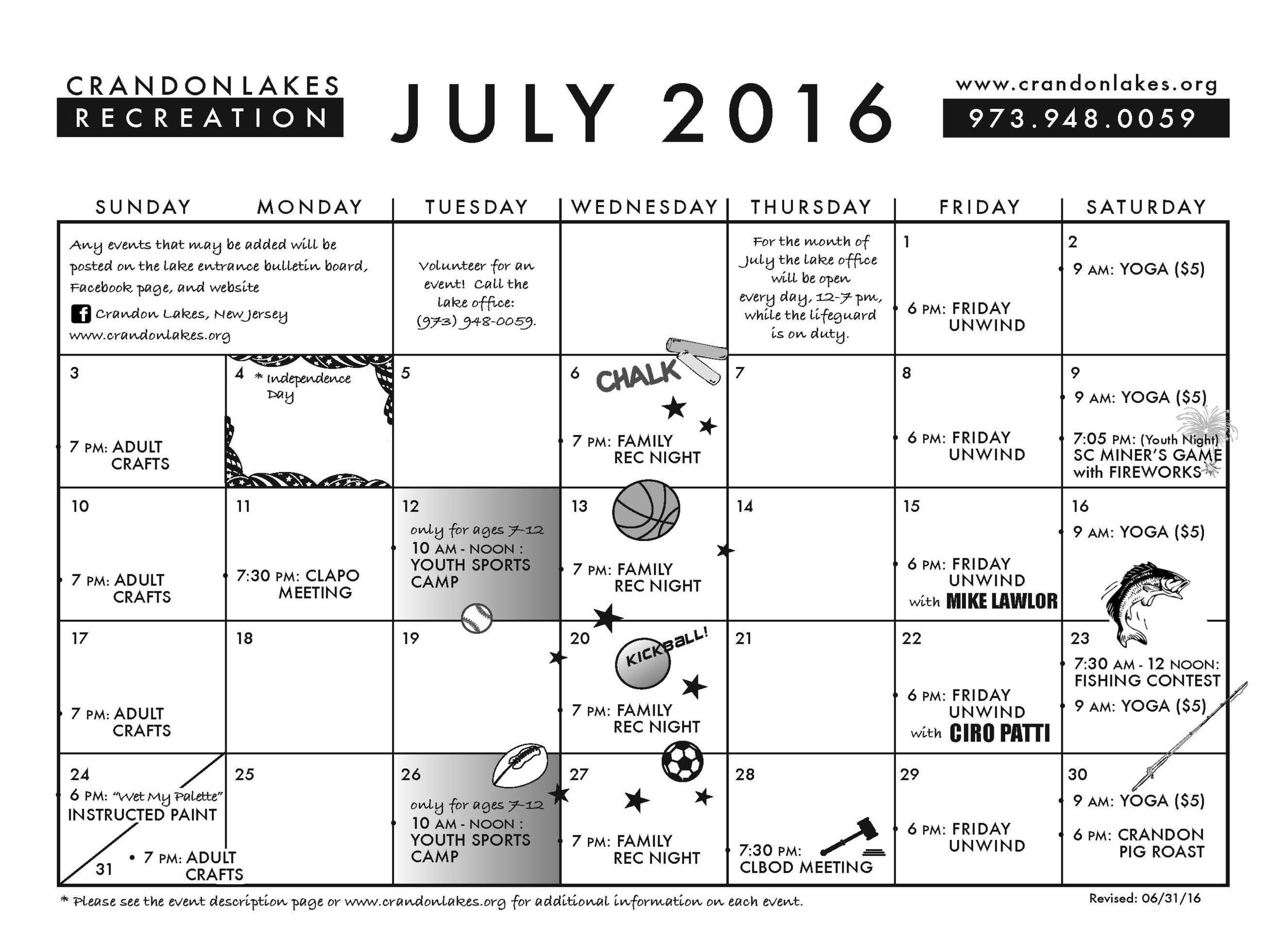 July 2016 Crandon Lakes Recreation Calendar