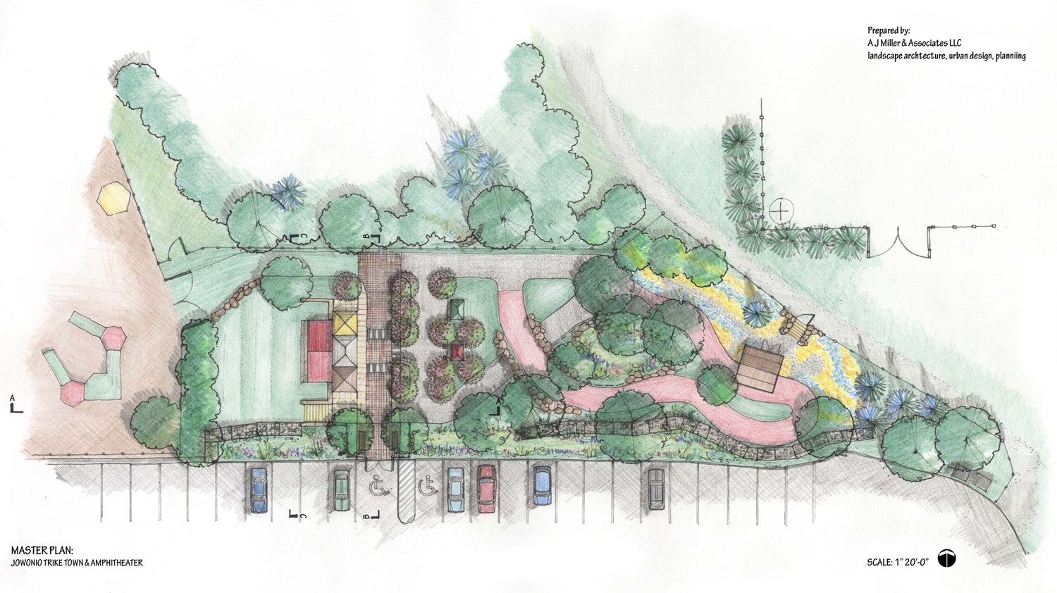 "Trike Town" was design to provide young pre-schoolers with an out door facility for exercise & play on trikes. The park design leads children on a journey from the cityscape to the country farms reminiscent of the countryside close to home. The roadways teach safety with signage and crossings and care need at stop and yield signs. The high-street includes child size gas stations, bike repair shop, cafe and general store. The trikes travel up and under a bridge past the high-street and out to the barn. Behind the row of shops is a concrete stage for performances with a terraced seating area on the hill. In the winter months the terraced seating becomes a toboggan slope. Some of the children that attend this school have a wide range of abilities and Trike Town has benefited them in many ways.
