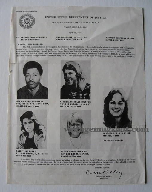 1974 - FBI Wanted Notice for SLA Members