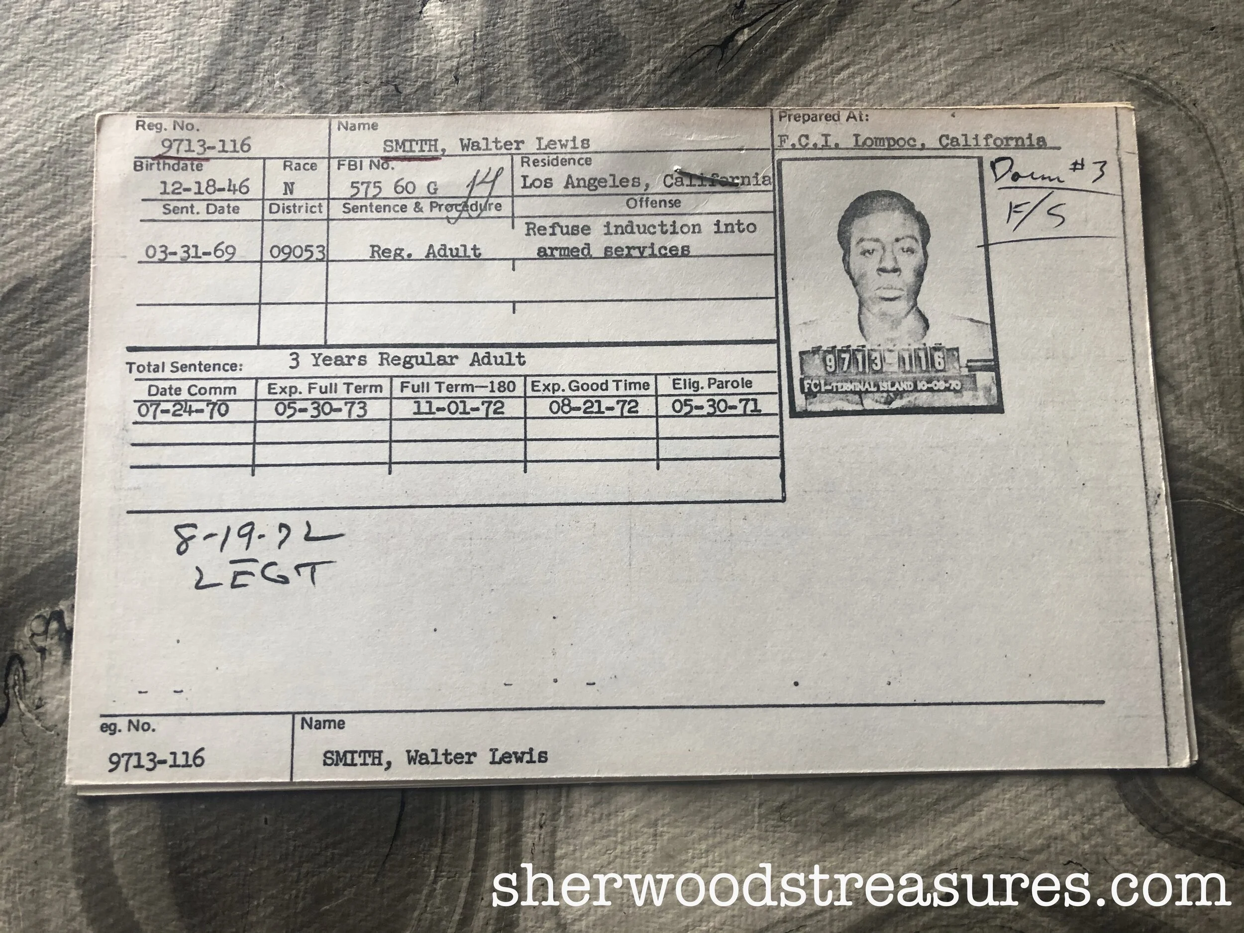 1969 - Vietnam War Refusing Induction Sentence Data Summary Card