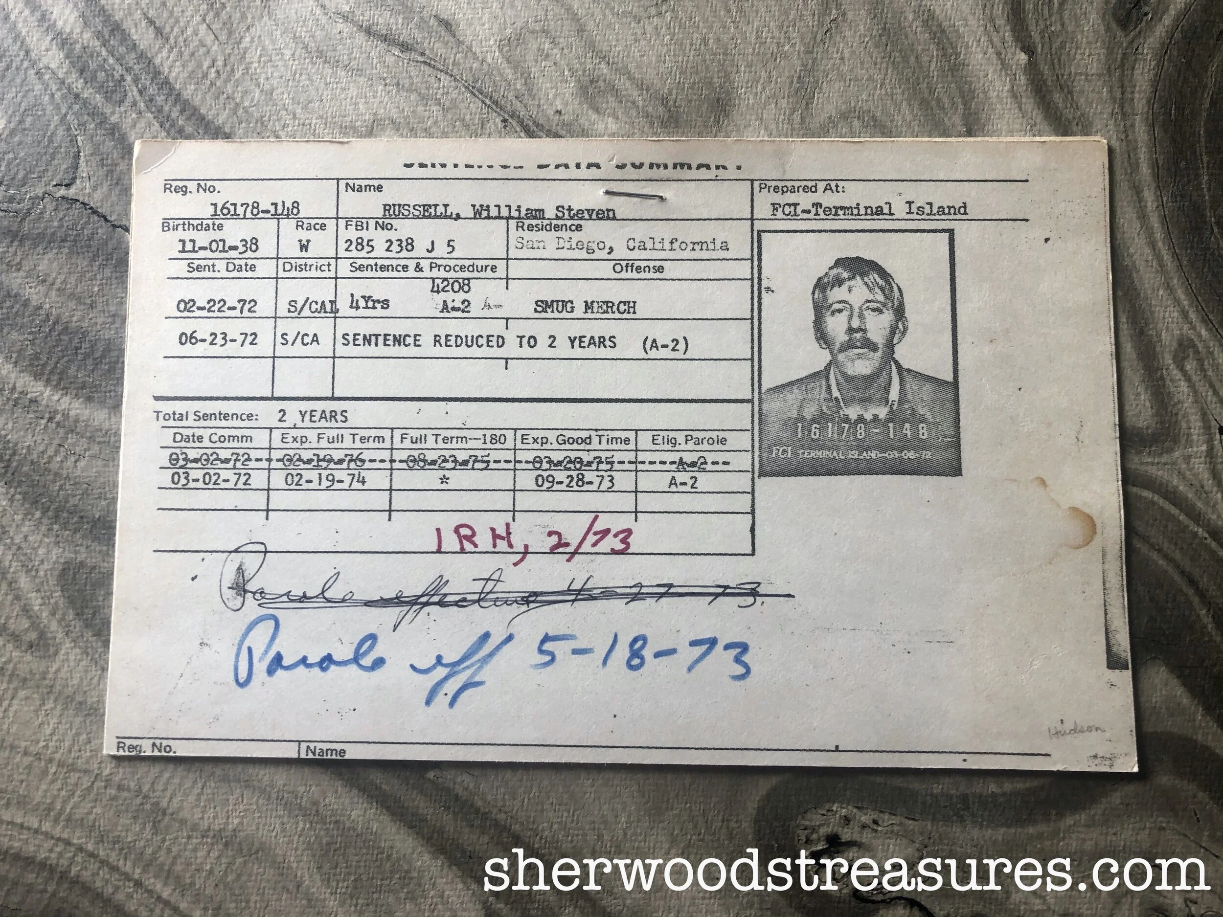 1972 - Sentence Data Summary Card Smuggler