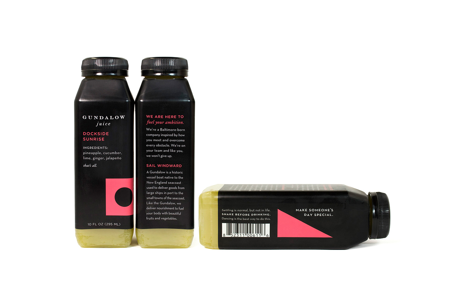 Gundalow Juice: Bottle Package Design for Dockside Sunrise