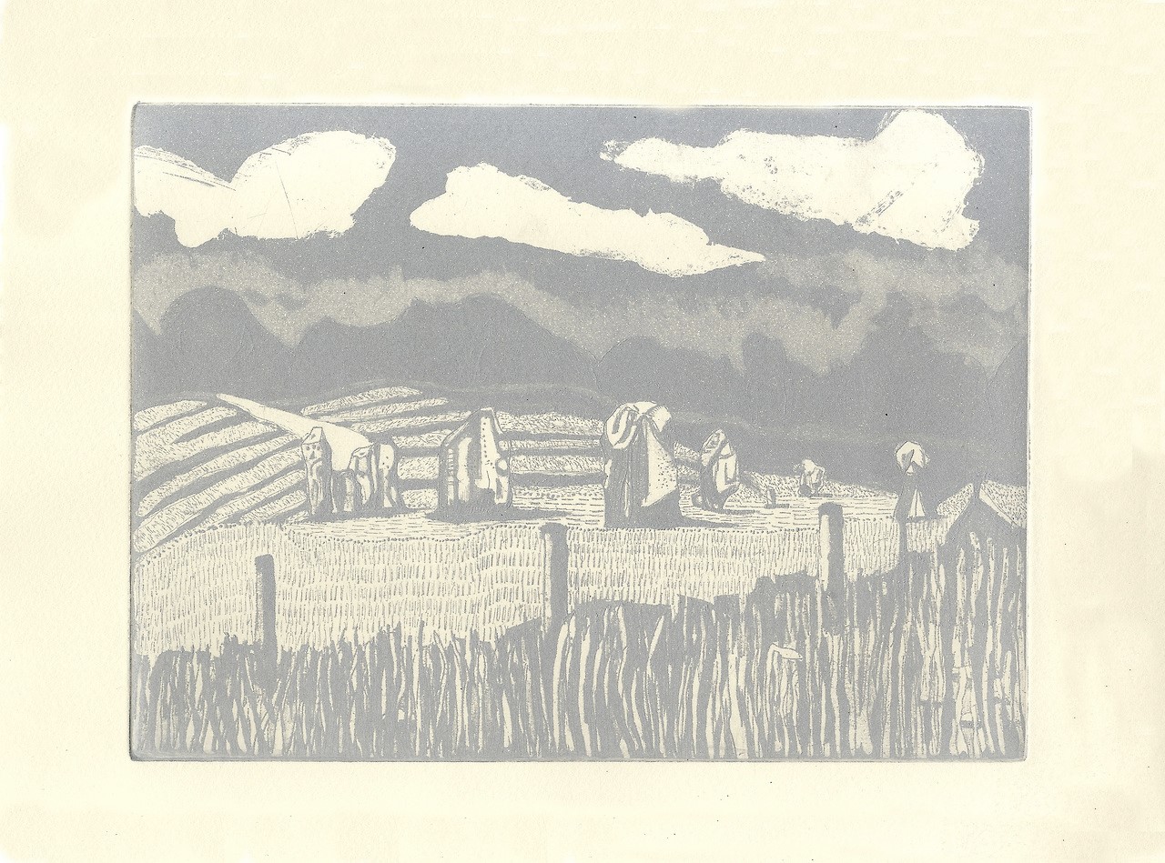 Avebury etching from location painting 