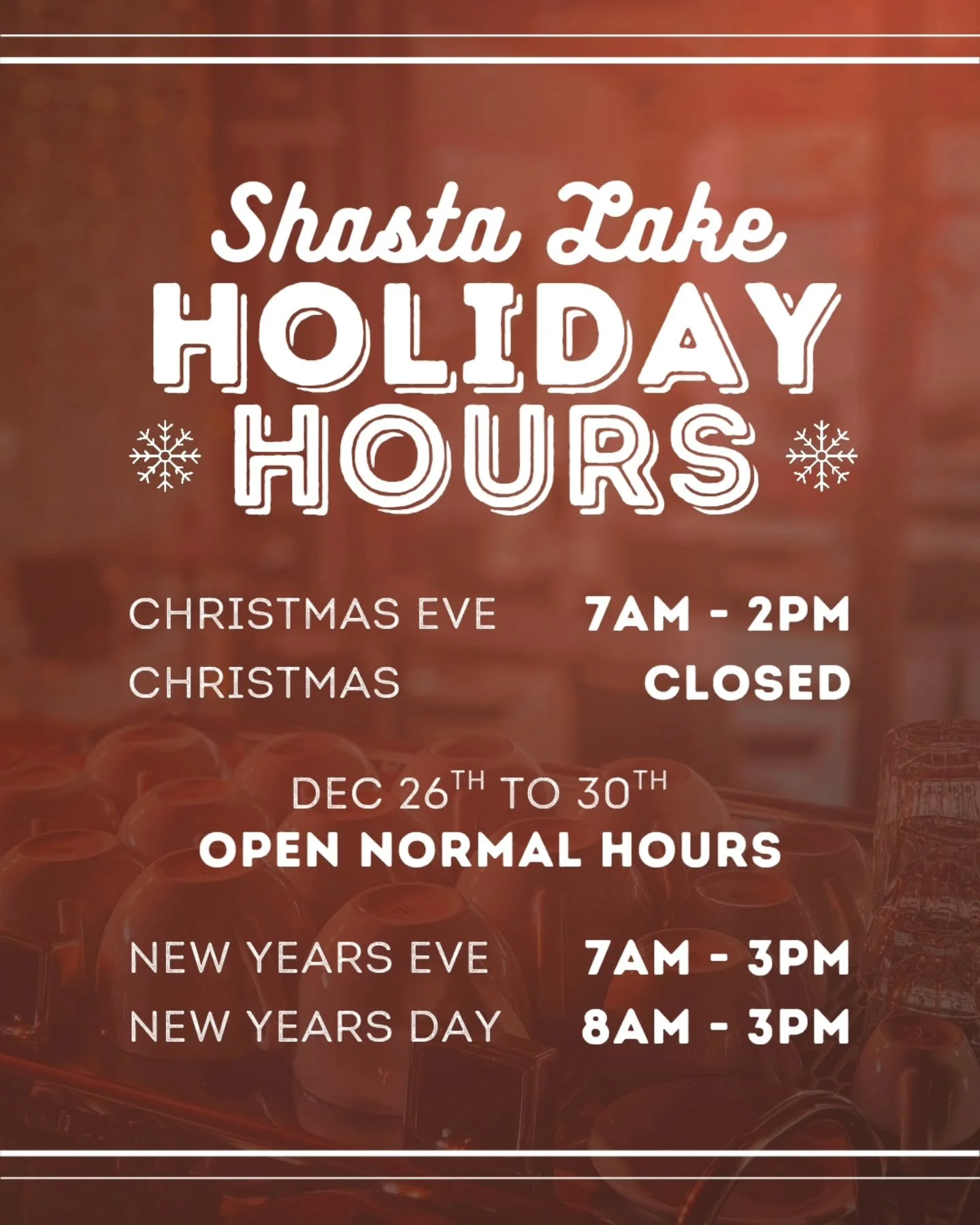 Different Hours, Same Great Coffee! 

Our Shasta Lake and Redding location have varying hours &mdash; so plan your visit accordingly! Plus, don&rsquo;t miss our festive Christmas events *on last slide* 🎄✨ 

#heritagecoffeehouse #coffeeshop #northern