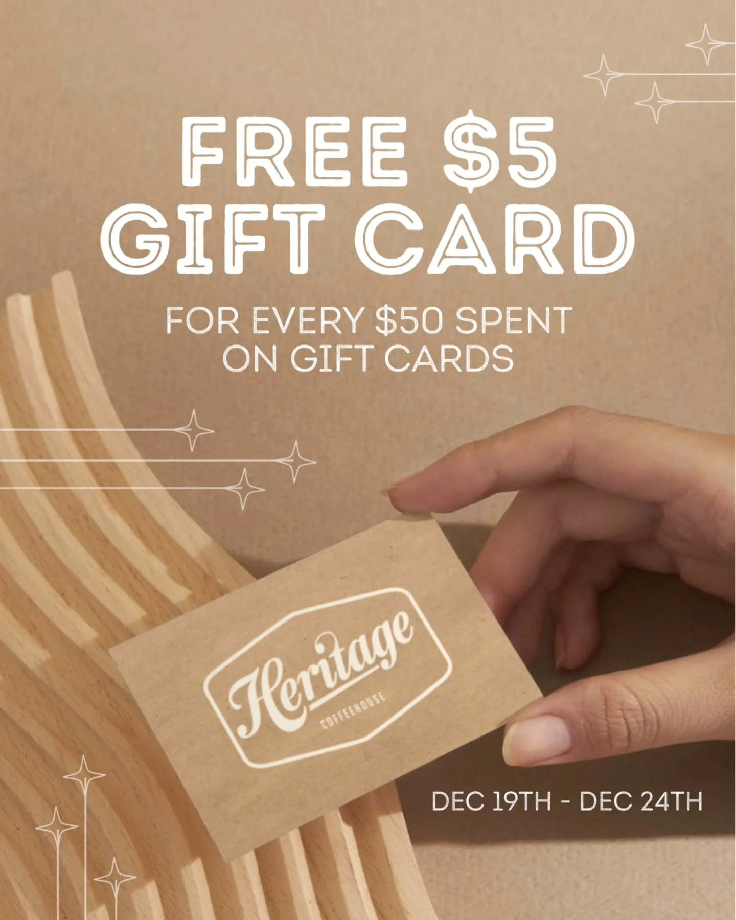 Starting today until Christmas eve, receive a FREE $5 Gift Card for every $50 spent on Gift Cards! 🎁 

Available at both locations and in-store only. 

With love, Your Neighborhood Coffeehouse

#heritagecoffeehouse #reddingca #shastalakeca #coffee
