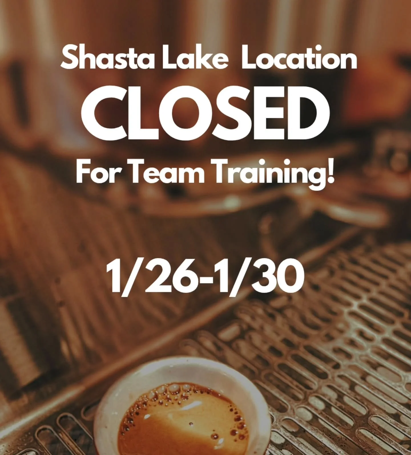📢 Starting Today! 📢

Our Shasta Lake location(4302 Shasta Dam Blvd) will be closed till Friday for a Team Training!!!

Our Redding location(2250 Churn Creek Rd) will have normal hours. So, be sure to swing by there to get your Heritage fix!

We are